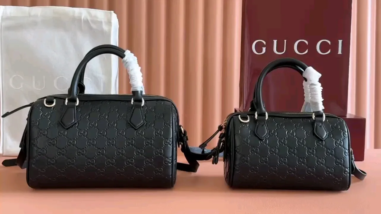 💋💋💋【New】GG Emblem series small, medium Boston bag, black embossed/original leather shipped, 🐍Model: 848889, 848886, short combination video