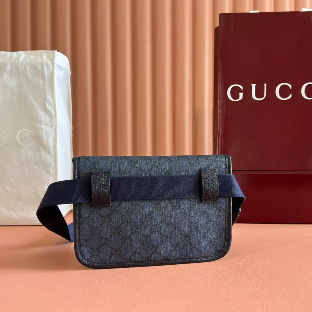 p640. 📣📣📣【Original leather accessories🌈 Equipped with full counter packaging】🔥🔥 Ophidia series GG small waist bag. The Ophidia series combines the traditional essence of Gucci with modern design to present dazzling new works with ingenuity. This men's belt bag cleverly combines Double G hardware and GG Supreme canvas, a new interpretation of the classic material in gray and black. The waist strap is adjustable to create a variety of carrying options. Gray and black GG Supreme canvas, gray leather trim, palladium tone hardware, cotton and linen lining Double G, belt length adjustable from 52 to 81 cm, flap with magnetic snap closure, weight: approx. 0.37 kg. Model: 752597. Dimensions: 23.9(width) x 17(h) x 3.6cm(d) Color: blue/pvc. Made in Italy