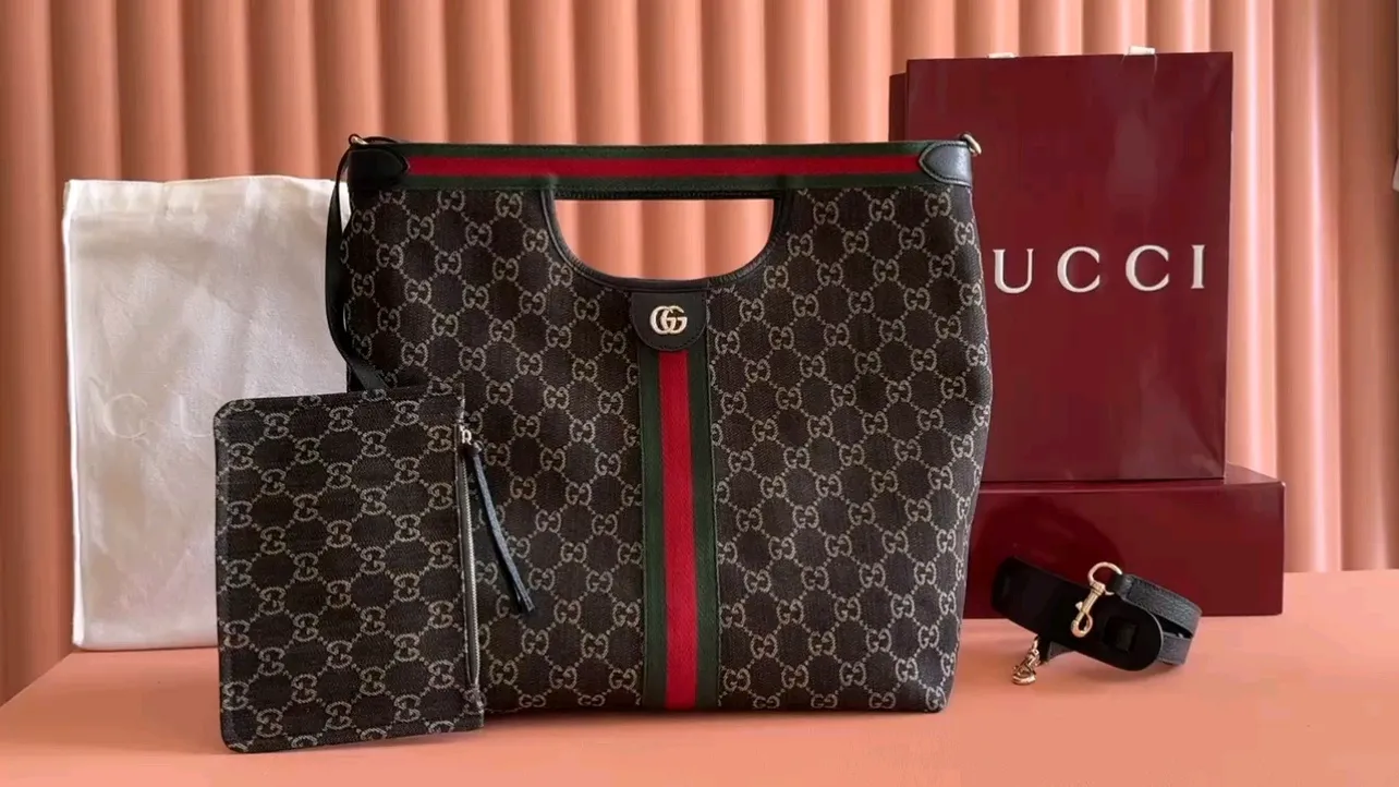 💋💋💋【New Style】Gucci Giglio series small tote bag, apricot brown, blue denim/blue leather/original leather is shipped, model: 865452, short combination video