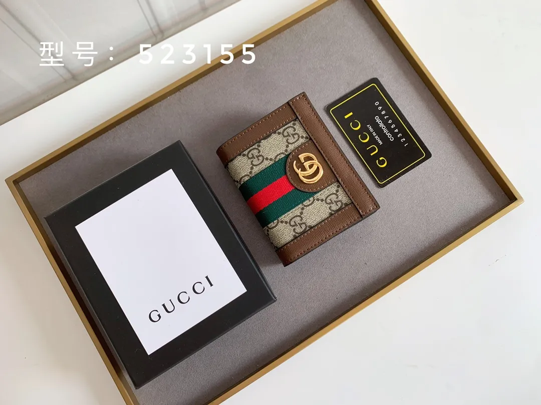 💰150 Top Original 💎gucci·leather ‼ ‼ Made of imported original leather, grained cow leather, paired with ebony double G fabric, and gold hardware accessories. Model: 523155 Brown Size 11cm*8.5cm*2.5cm