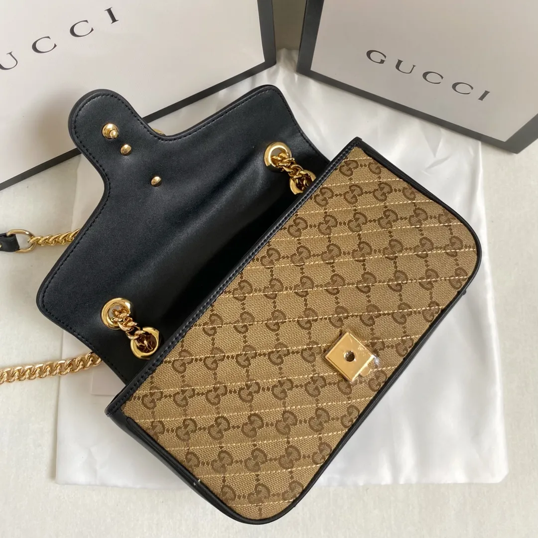 Upgraded version of real shot #💰320 Style number: 443497 apricot black Size: 26x15x7cm Gucci marmont medium spring and summer new model Soft yet stiff shape. GG canvas with cowhide Outlined with contrasting black leather piping. Flip design. One shoulder✅Crossbody✅