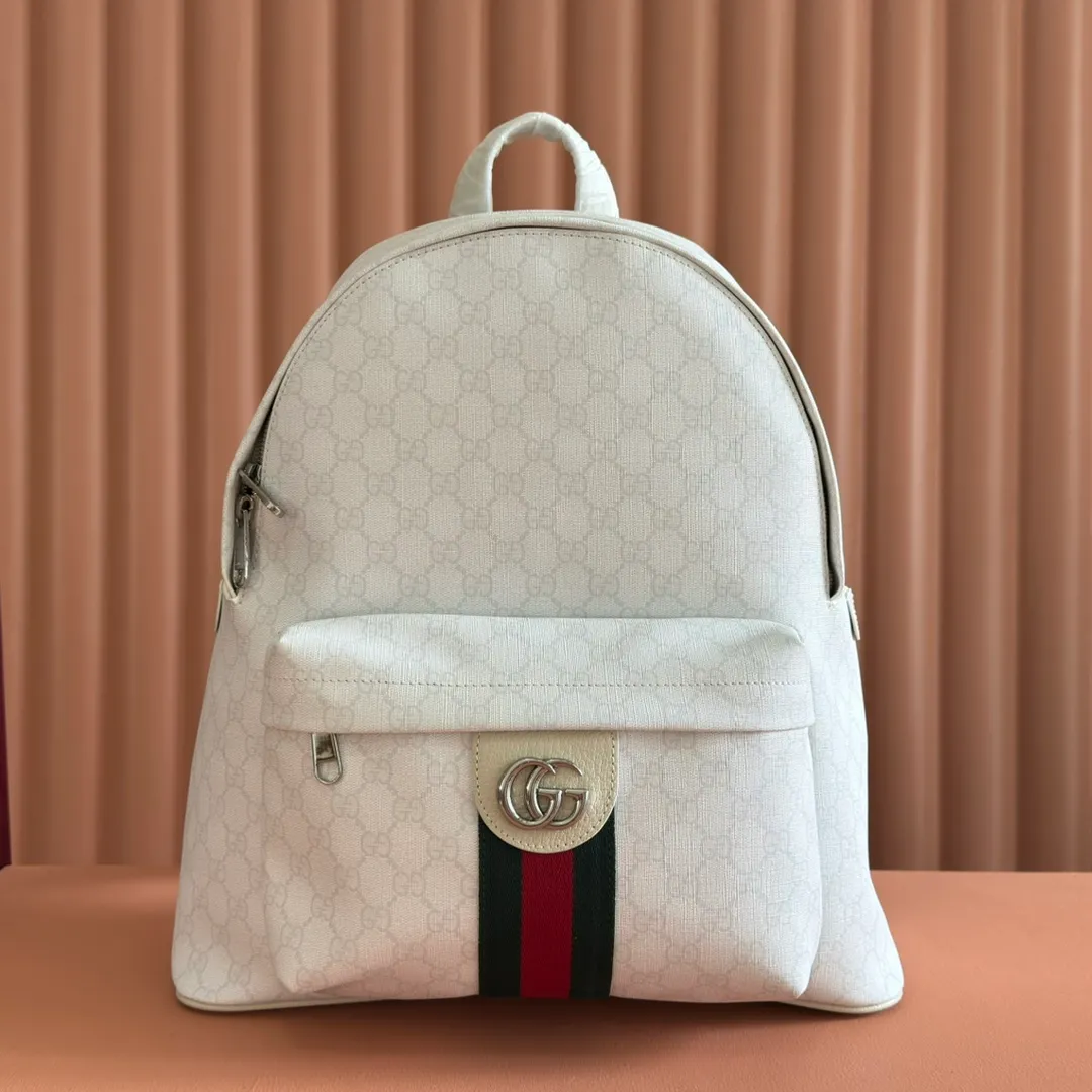 p1260💋💋💋"With full set of original counter packaging" [New product] The Ophidia series is crafted with white color matching, classic silhouette and new functional design, and is made of soft-touch fabrics. This backpack is made of soft GG Supreme material and is intricately embellished with the Double G logo and red and green webbing details. White soft GG Supreme canvas Palladium tone hardware Green nylon lining Double G Web detail Padded mesh at back Adjustable shoulder strap Interior: 1 zip pocket External: 1 zip pocket Handle height: 8 cm Zip closure Ref.: 834466. Dimensions: 36.5cm (width) x 41cm (height) x 18cm (depth) Weight: approx. 1.5kg Color: white pvc. Made in Italy