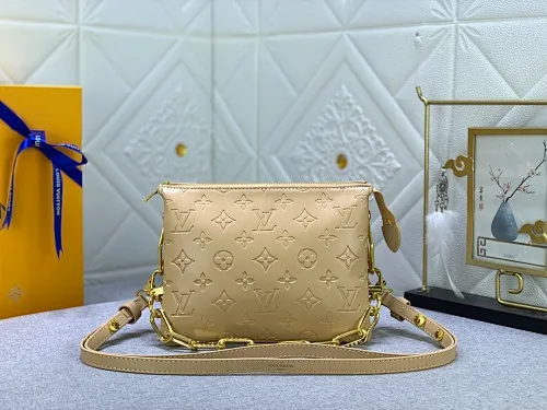 All categories Official website "Brand Women's Bags" Women's Bags 💙 LV Coussin BB handbags made a splash at the 2021 spring and summer fashion show. Monogram embossed puffy sheepskin creates a pillow-shaped structure that brings an edgy edge to a simple design. It can be worn cross-body using the shoulder strap or transformed into a chain baguette bag, or can be carried under the arm. Detailed features 20 x 16