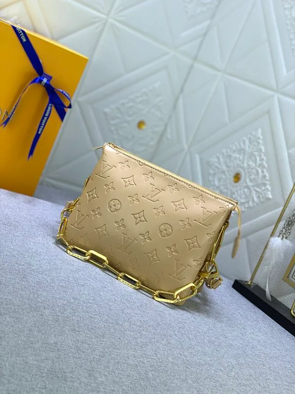 All categories Official website "Brand Women's Bags" Women's Bags 💙 LV Coussin BB handbags made a splash at the 2021 spring and summer fashion show. Monogram embossed puffy sheepskin creates a pillow-shaped structure that brings an edgy edge to a simple design. It can be worn cross-body using the shoulder strap or transformed into a chain baguette bag, or can be carried under the arm. Detailed features 20 x 16
