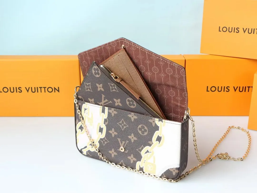 P170, M40466 Inspired by Louis Vuitton’s unique spirit of travel, the Pochette Félicie bag is crafted in Damier Azur canvas with bold graphic overlays. An ocean-inspired summer theme expressed in ropes and chains, in fresh, feminine colors that complement gold, making it a functional piece with a playful yet chic vibe. Size: 21*12*3cm