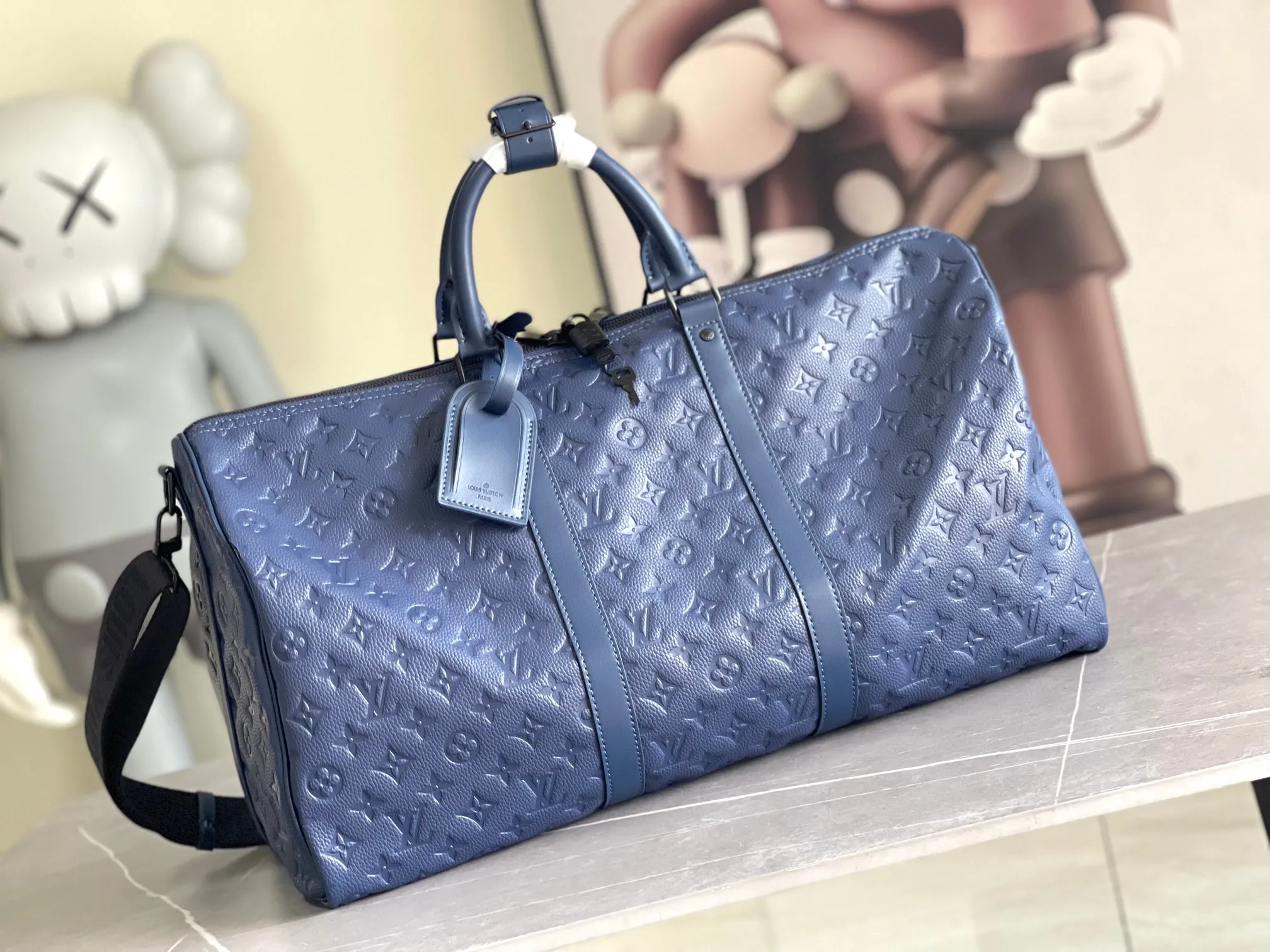 💰1300 (top layer leather) top original order M14840 M11495 blue KEEPALL 50 travel bag (with shoulder strap) soft texture, elegant style original Keepall travel bag with floral travel bag iconic Taiga leather material, fashionable and practical weekend leisure companion. size：50*29*23