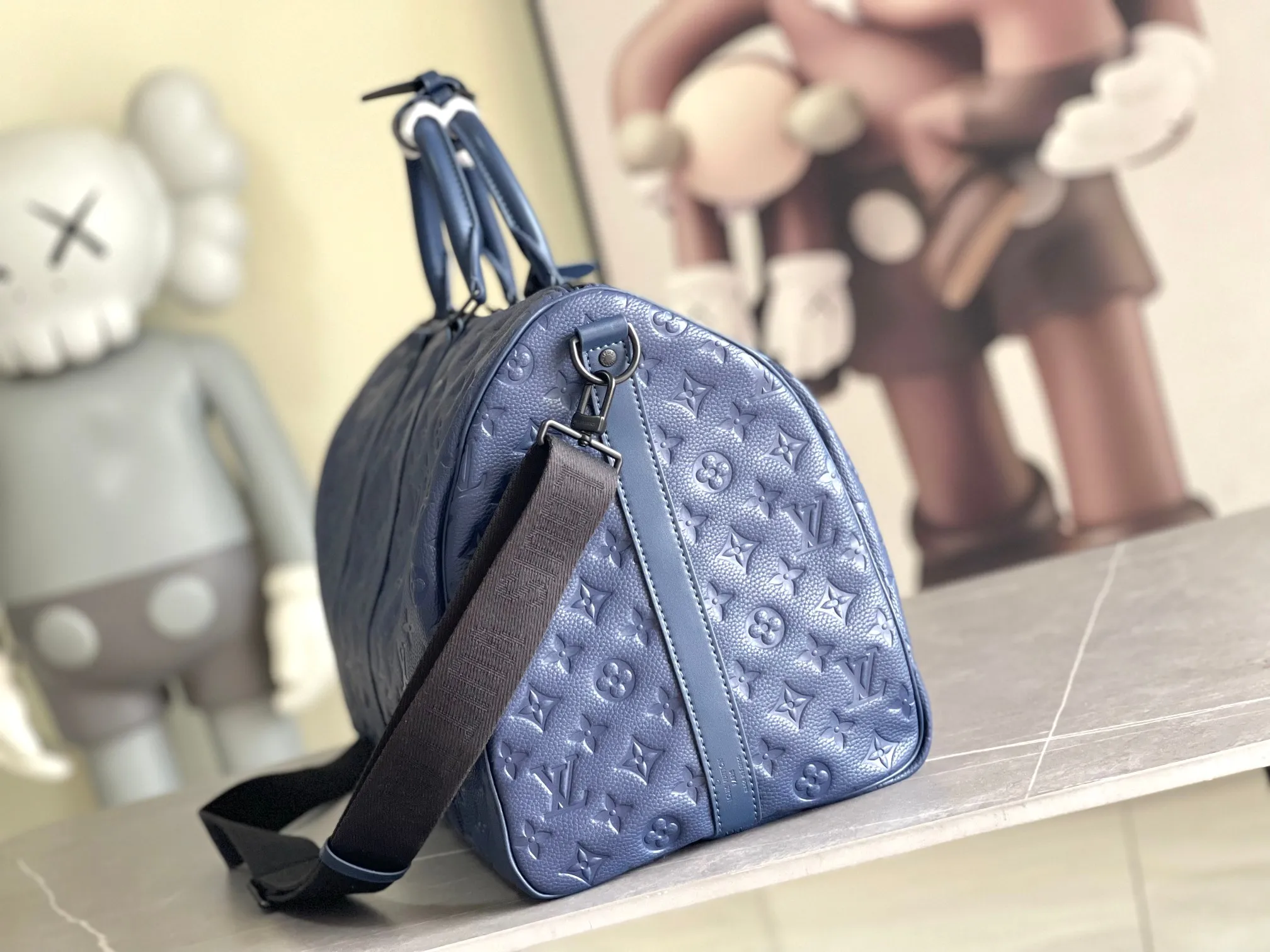 💰1300 (top layer leather) top original order M14840 M11495 blue KEEPALL 50 travel bag (with shoulder strap) soft texture, elegant style original Keepall travel bag with floral travel bag iconic Taiga leather material, fashionable and practical weekend leisure companion. size：50*29*23