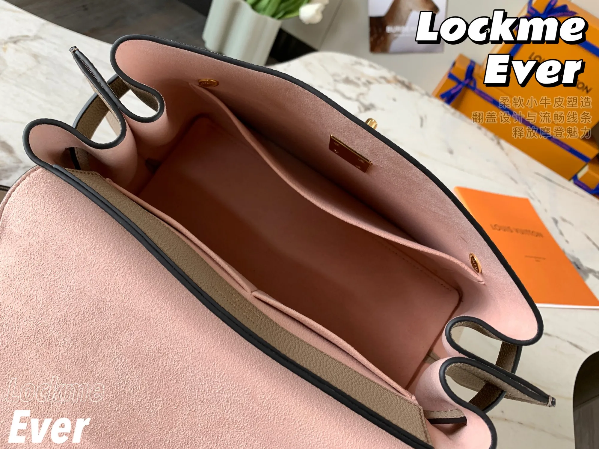 P1440 [Original Leather 💋M56094 Elephant Gray] Lockme Ever medium handbag is made of soft calfskin material, equipped with a single handle, fashionable appearance and distinct layers. The neat silhouette with top flap and spacious handbag add a fashionable and modern feel. Silver LV twist lock and leather shoulder strap, an elegant choice for everyday styling. Detailed size: 33.5*21.5*14.5cm