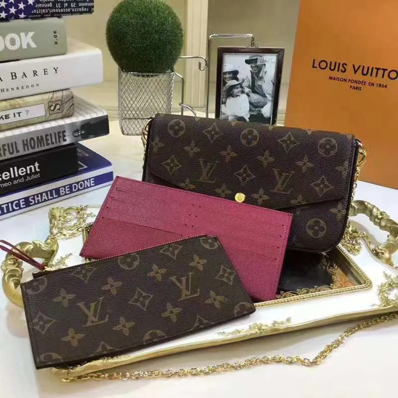 P140 Model: 61276 Size 21/11/2 Introduction: The Louis vuitton Felicie three-piece handbag is elegant and luxurious. It contains two detachable pockets and is a fashionable choice for carrying and organizing your daily necessities. It is more than just a wallet, after removing the gold chain, it can also be used as a charming clutch or small handbag ""