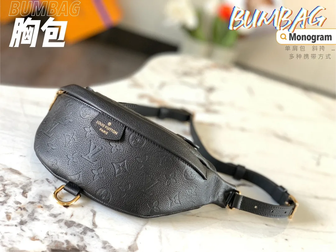 💰920 (top-grain leather) top original single M44812 black embossed] BUMBAG chest bag patterned style can be used as a waist bag, shoulder bag, crossbody...Multiple carrying methods, soft Monogram fabric, girly pattern design, sports style adds pure fashionable and casual temperament. Detailed size: 37*14*13