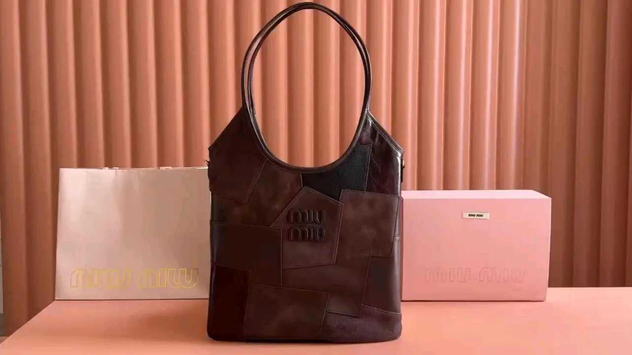 💋💋💋【New Style】Miu Women's IVY Tote Shoulder Bag, Brown, Heather Color Collage/Original Leather Shipped! 🐴Model: 5BG231, short video