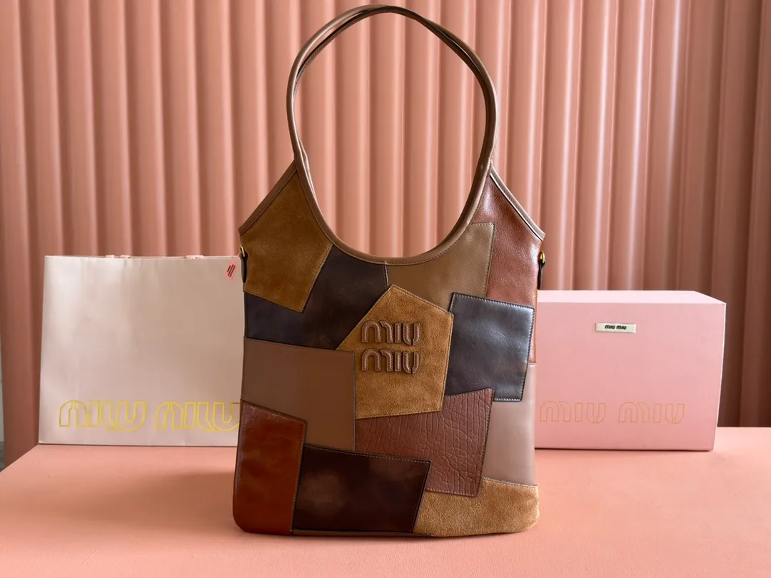 💋💋💋【New Style】Miu Women's IVY Tote Shoulder Bag, Brown, Heather Color Collage/Original Leather Shipped! 🐴Model: 5BG231, short video