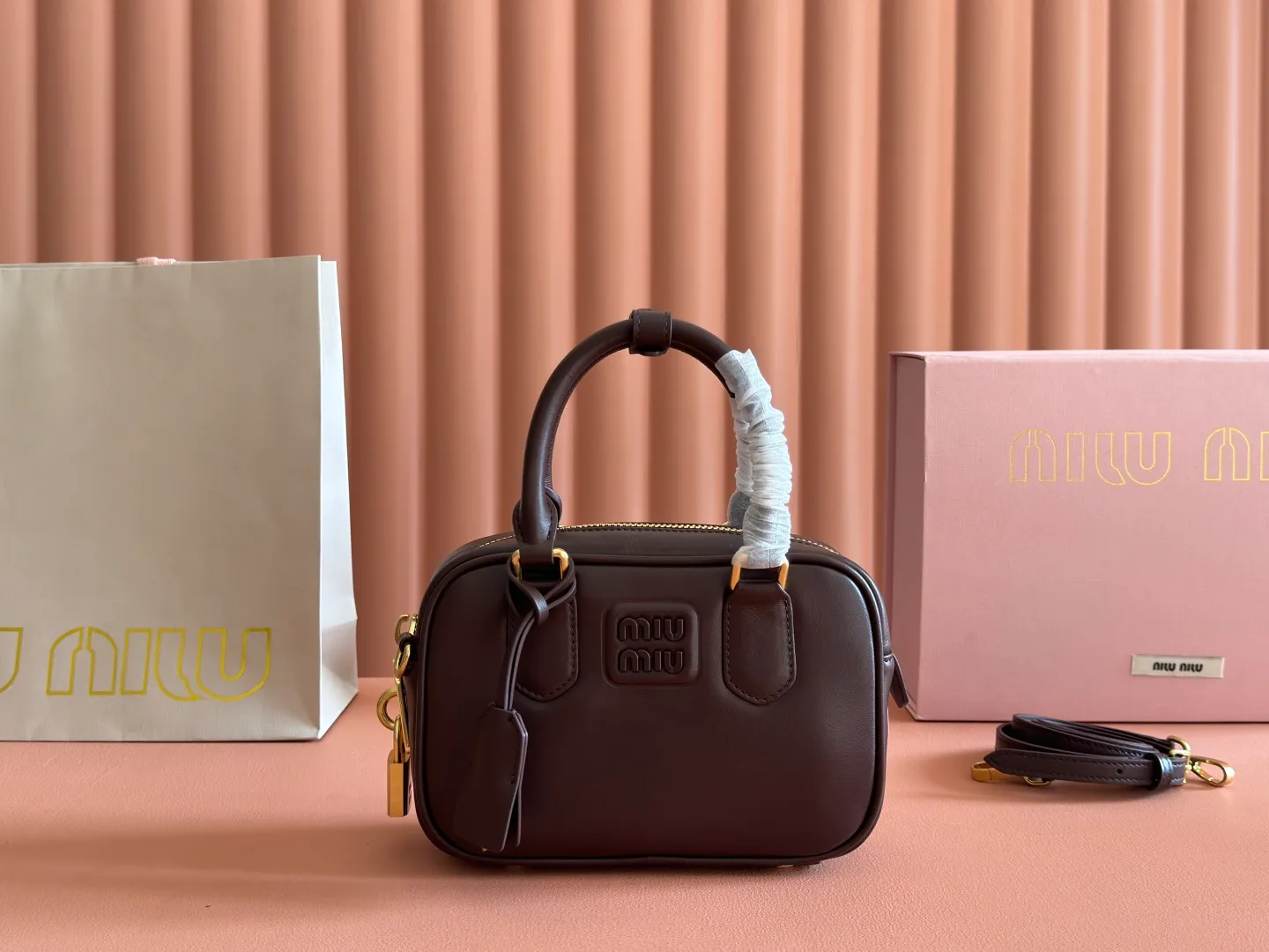 💋💋💋【Original leather configuration counter complete package】MM Arcadie cow leather small (19cm) bowling handbag/crossbody bag～briar No.: 5BB123