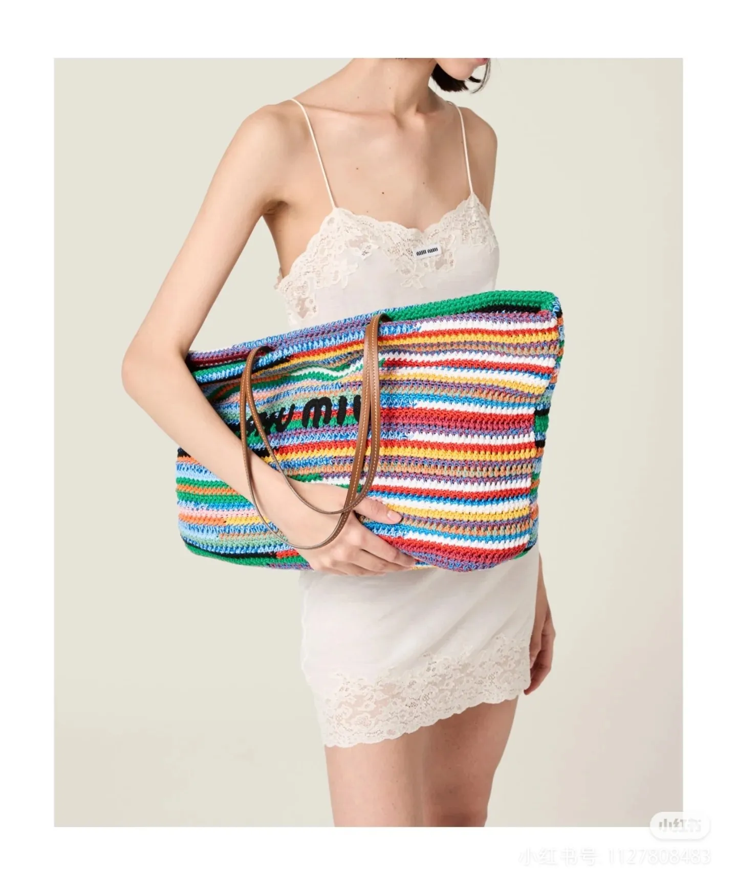 p1760💋💋💋【Full set of packaging at the counter】M Home 🍒5BG228, imported raffia straw and cotton thread woven rainbow tote bag, the only matching quality in the market, iconic MiuMiu embroidery on the front, cotton lining, ultra-light, large capacity, essential for travel, suitable for all seasons, super beautiful in kind, size: 40X34X16CM.