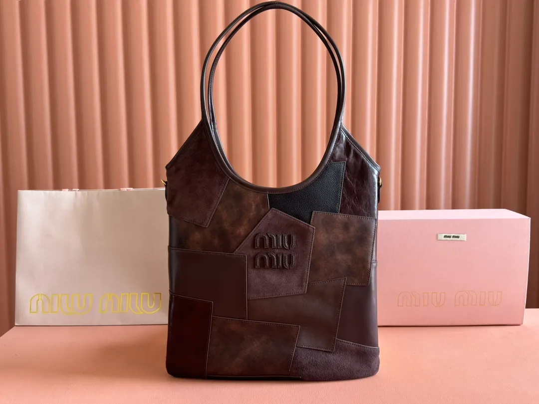 💋💋💋【New Style】Miu Women's IVY Tote Shoulder Bag, Brown, Heather Color Collage/Original Leather Shipped! 🐴Model: 5BG231, short video