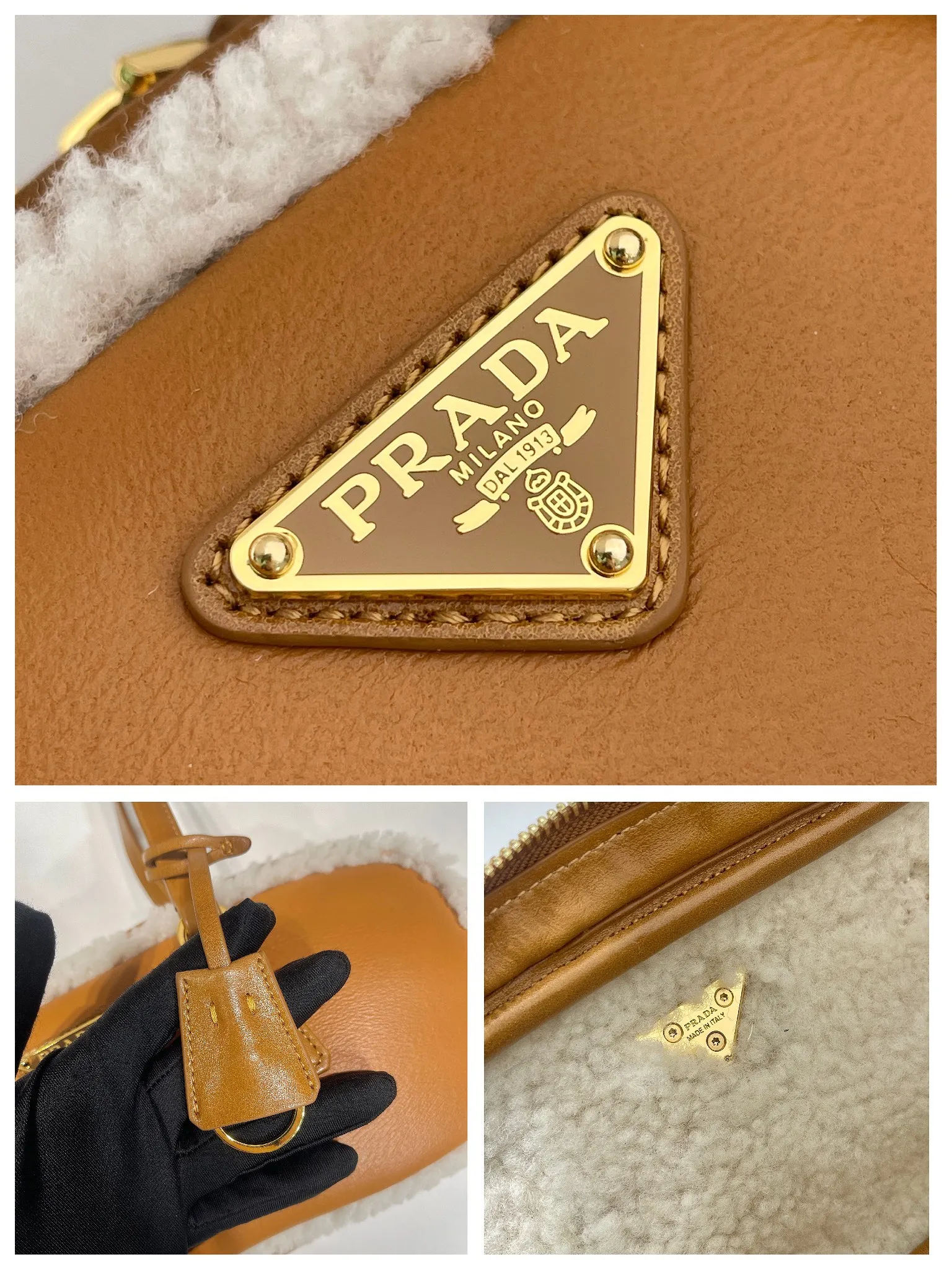 💰1660🎉New sheepskin 🎉1BB124 new product🎉🎉 This sheepskin double handle handbag combines simple geometric style with winter atmosphere. Lined in lambswool for shoulder carry, it's finished with gold-plated hardware and a triangular logo for a signature touch. Equipped with a detachable long sheepskin shoulder strap, it is so beautiful and beautiful, a must-have in winter, it is also a popular model for Internet celebrities. Hurry up and get it🎉🎉 Length 27 height 12x base 6cm🎉🎉🎉💰💰💰