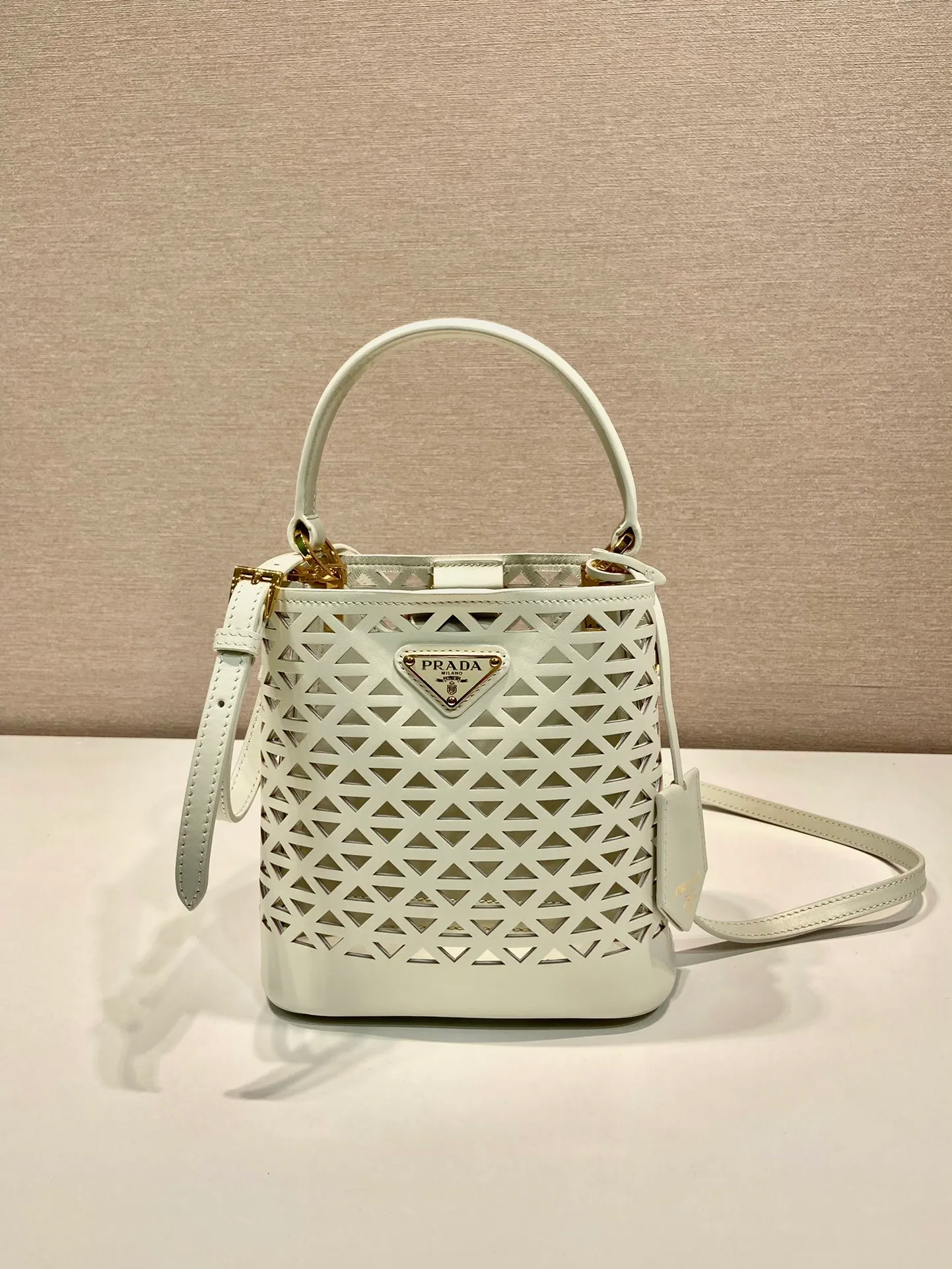 💰1640🎉Skeleton Bucket Bag🎉1BA217 Skeleton🎉🎉 This hollow bucket bag transforms the classic triangle into a modernist geometric pattern, injecting vitality into the elegant design. It has a compact shape and a detachable shoulder strap, suitable for hand or shoulder carry. It is made of laser-cut patterned leather, adding a touch of summer lightness and unique style. Sophisticated and elegant, it features a leather plaque and enameled metal triangle logo. The upper body effect is very fashionable and elegant, worth owning🎉🎉 Length 17x Height 18x ​​Bottom 10.5cm