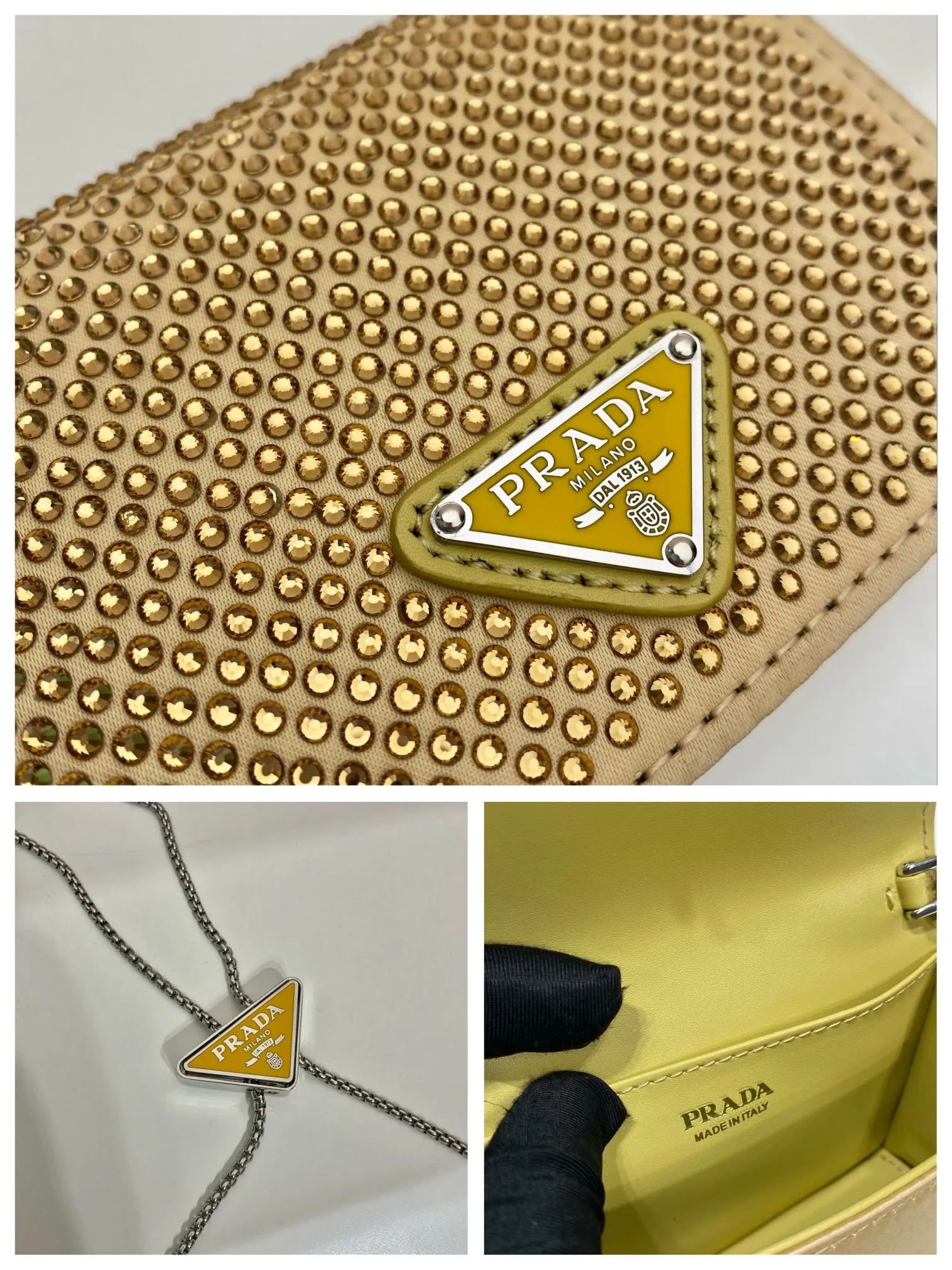 💰760🎉Necklace crystal pouch🎉1MR024 new color🎉🎉 This Duchesse fabric card holder is decorated with imitation crystals throughout, creating a light and shadow style and iridescent colors on the surface, highlighting a gorgeous yet functional design. My favorite is this detachable and adjustable iron shoulder strap, which can be used as a waist bag decoration😍😍 or as a necklace decoration with clothes. The triangle mark in the middle can be adjusted, giving the item a variety of ways to wear it. The space can be used to hold lipstick 💄/earphones/keys🚗....it bling bling under the night light, so beautiful. Worth buying 🎉🎉 Length 11.5x Height 8cm