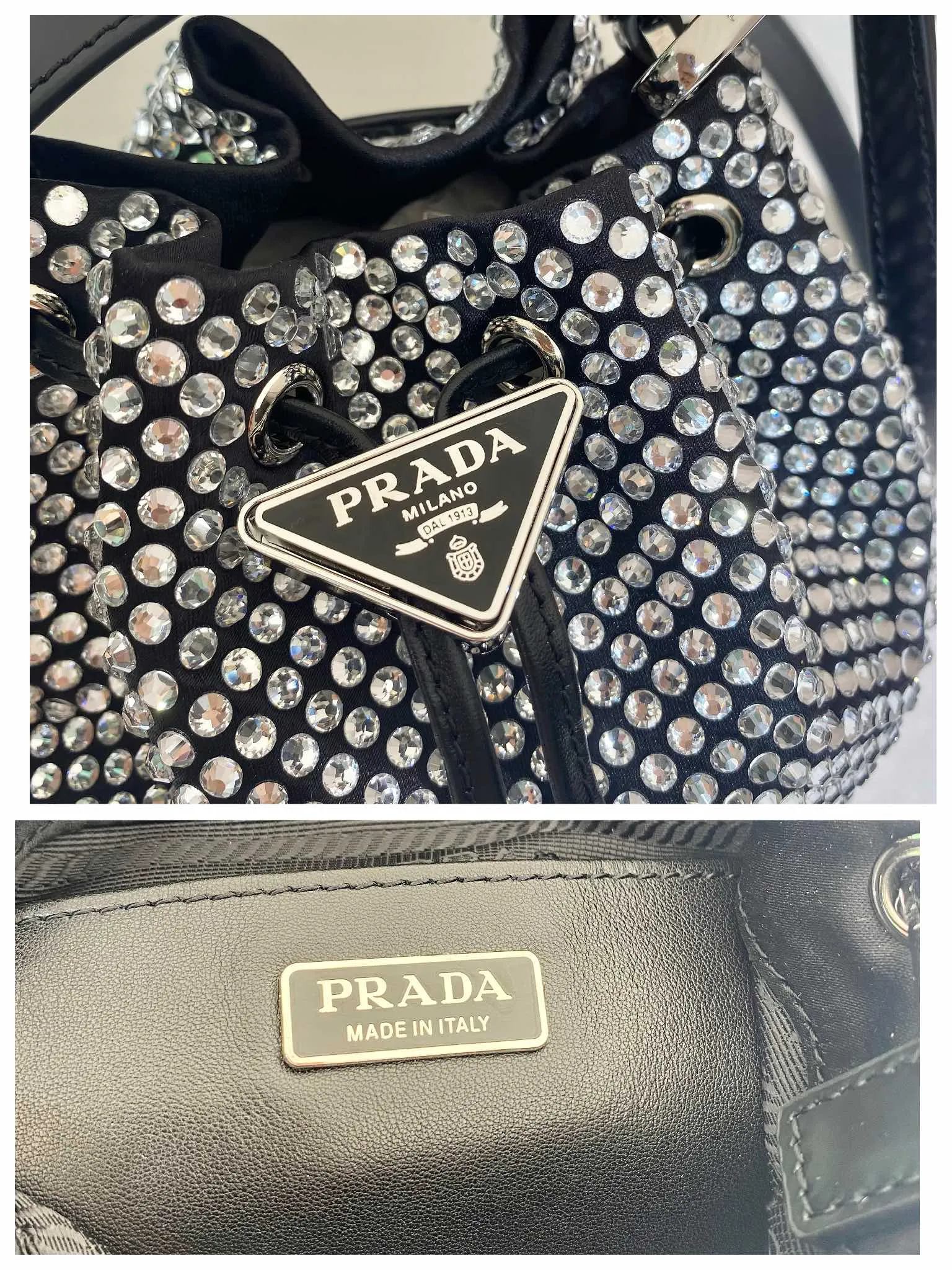 💰1260🎉Crystal Bucket Bag🎉1BE067🎉🎉 This crystal bucket is made of a combination of imported imitation crystal and satin materials, with an enamel-coated metal triangle logo decorative opening and closing design. The short shoulder strap is adjustable in length, and the long shoulder strap is detachable and adjustable. So cute😍, the effect of bling bling is very eye-catching, easy to create a large space🎉🎉Cute and cool, don’t you feel excited😙😙, beauties. Get it now. So beautiful, so in love😋😋 Length 16x height 21 bottom 10cm🎉🎉🎉👏👏👏