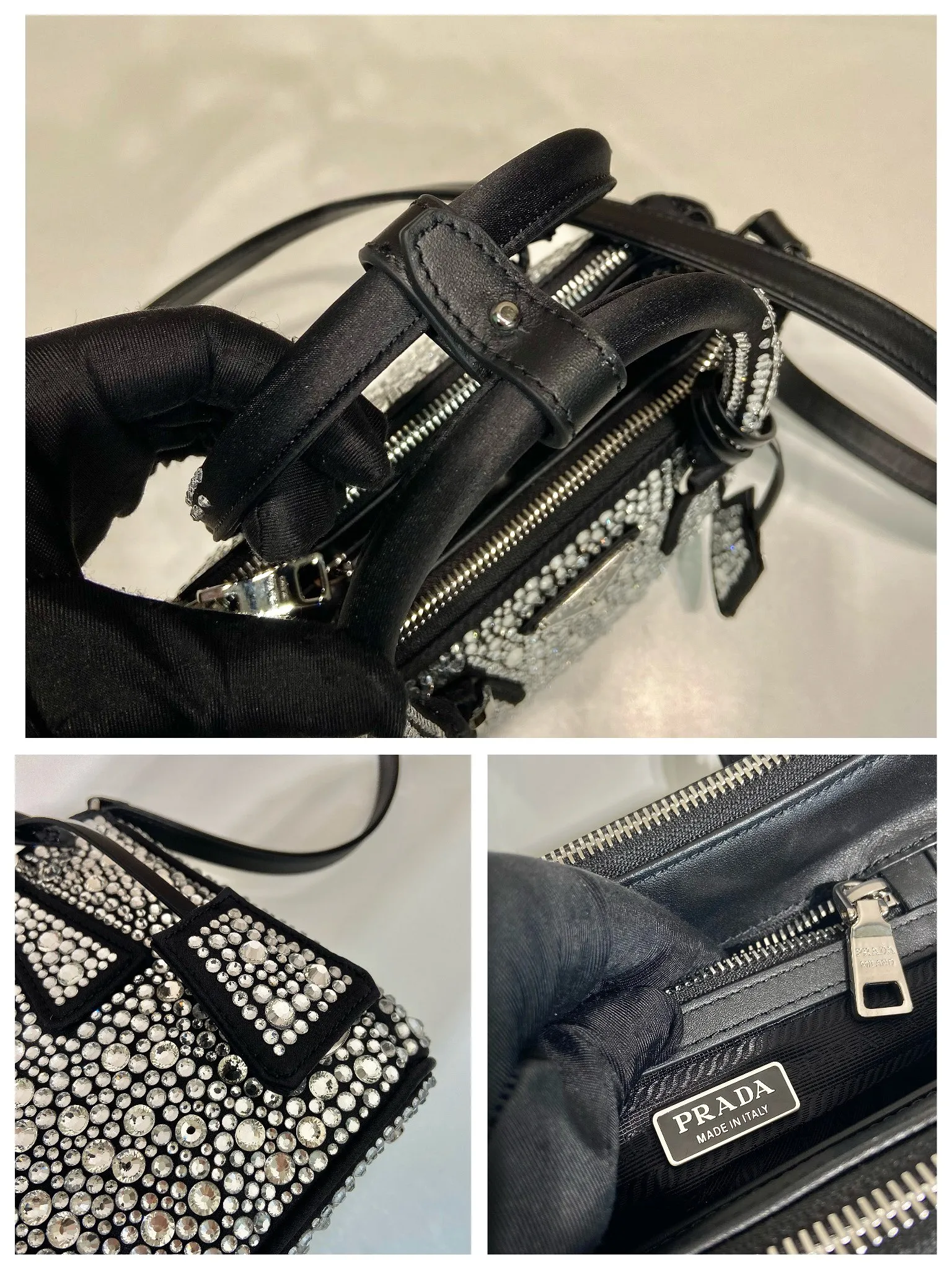 💰1700🎉Crystal killer bag🎉1BA906🎉🎉 This crystal killer bag is made of a combination of imported imitation crystal and satin materials, with an enamel-coated metal triangle logo decorated with a double zipper pocket design. The top handle and long shoulder strap are removable and adjustable. So cute😍, the effect of bling bling is very eye-catching, easy to create a large space🎉🎉Cute and cool, don’t you feel excited😙😙, beauties. Get it now. So beautiful, so in love😋😋 Length 20x height 15x9.5cm🎉🎉🎉👏👏👏