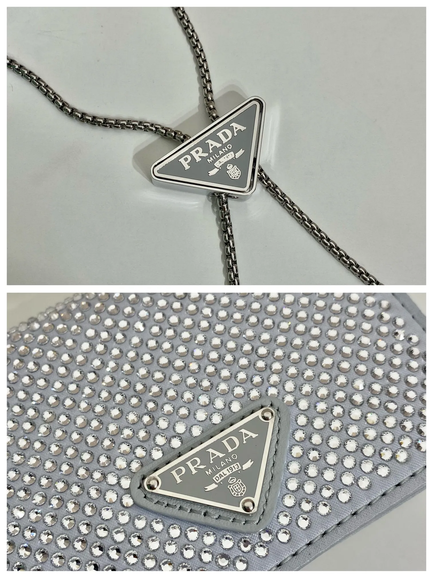 💰760🎉Necklace crystal pouch🎉1MR024 new color🎉🎉 This Duchesse fabric card holder is decorated with imitation crystals throughout, creating a light and shadow style and iridescent colors on the surface, highlighting a gorgeous yet functional design. My favorite is this detachable and adjustable iron shoulder strap, which can be used as a waist bag decoration😍😍 or as a necklace decoration with clothes. The triangle mark in the middle can be adjusted, giving the item a variety of ways to wear it. The space can be used to hold lipstick 💄/earphones/keys🚗....it bling bling under the night light, so beautiful. Worth buying 🎉🎉 Length 11.5x Height 8cm