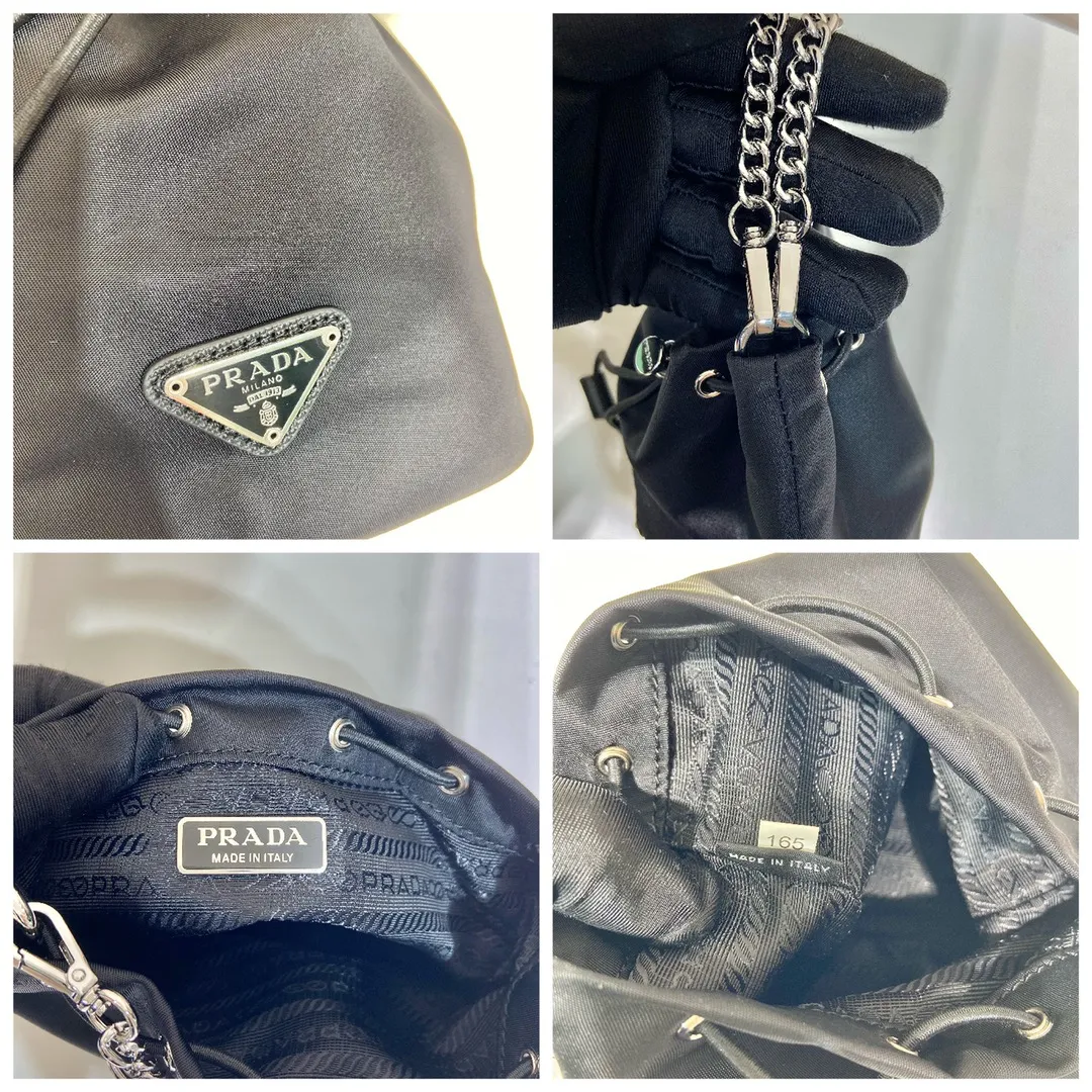 💰700🎉mini bucket bag🎉1BH612🎉so cute😍 This mini bucket bag is made of imported nylon material, with one short and one long white iron chain/detachable, making it more refined and smart😋, with large capacity. Mobile phone📱🚗🔑💄No problem for daily wear👌Cute and cute, the upper body effect is even more adorable😍If you like babies, hurry up and get it🎉🎉 Length 12x height 14.5x base 7.5cm👏👏🎉🎉