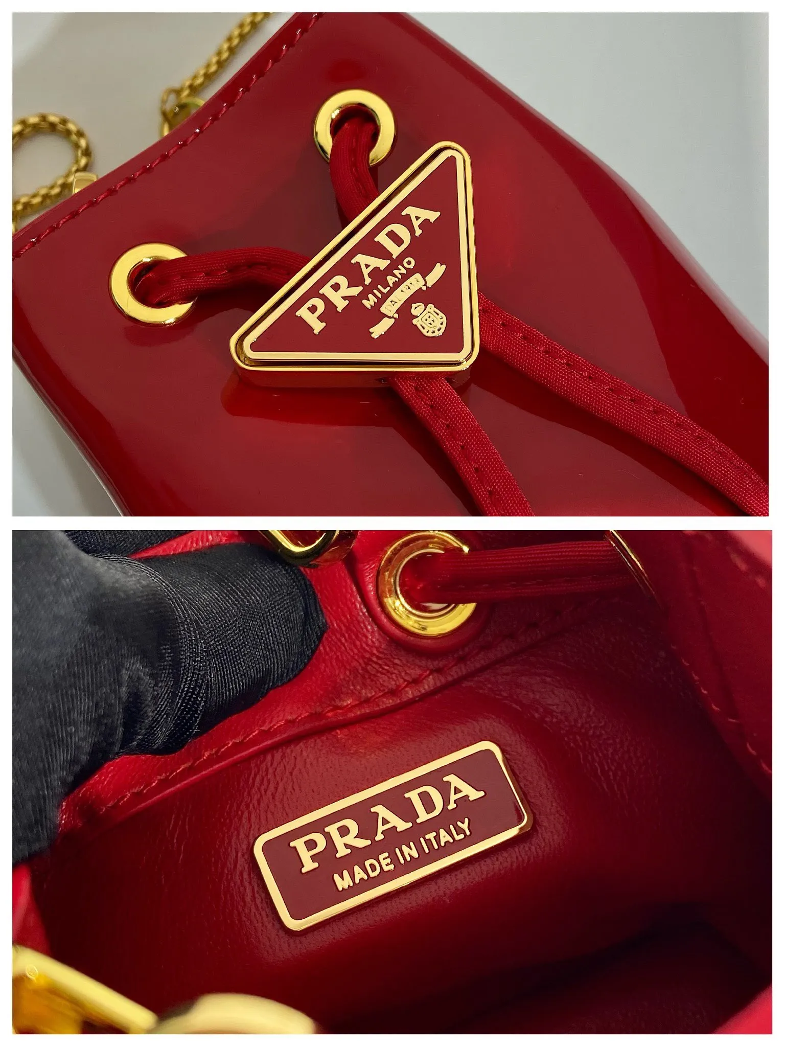 💰960🎉Patent leather bucket🎉1NR016 calfskin🎉🎉 This patent leather bucket is made of imported glossy cowhide and enamel-coated metal triangle logo decorated opening and closing design. Metal iron can be spanned diagonally. So cute😍, the effect is very eye-catching, so cute and cool, don’t you feel moved😙😙, beauties. Get it now. So beautiful and cute😋😋 Length 10x height 12x base 7cm🎉🎉🎉👏👏👏