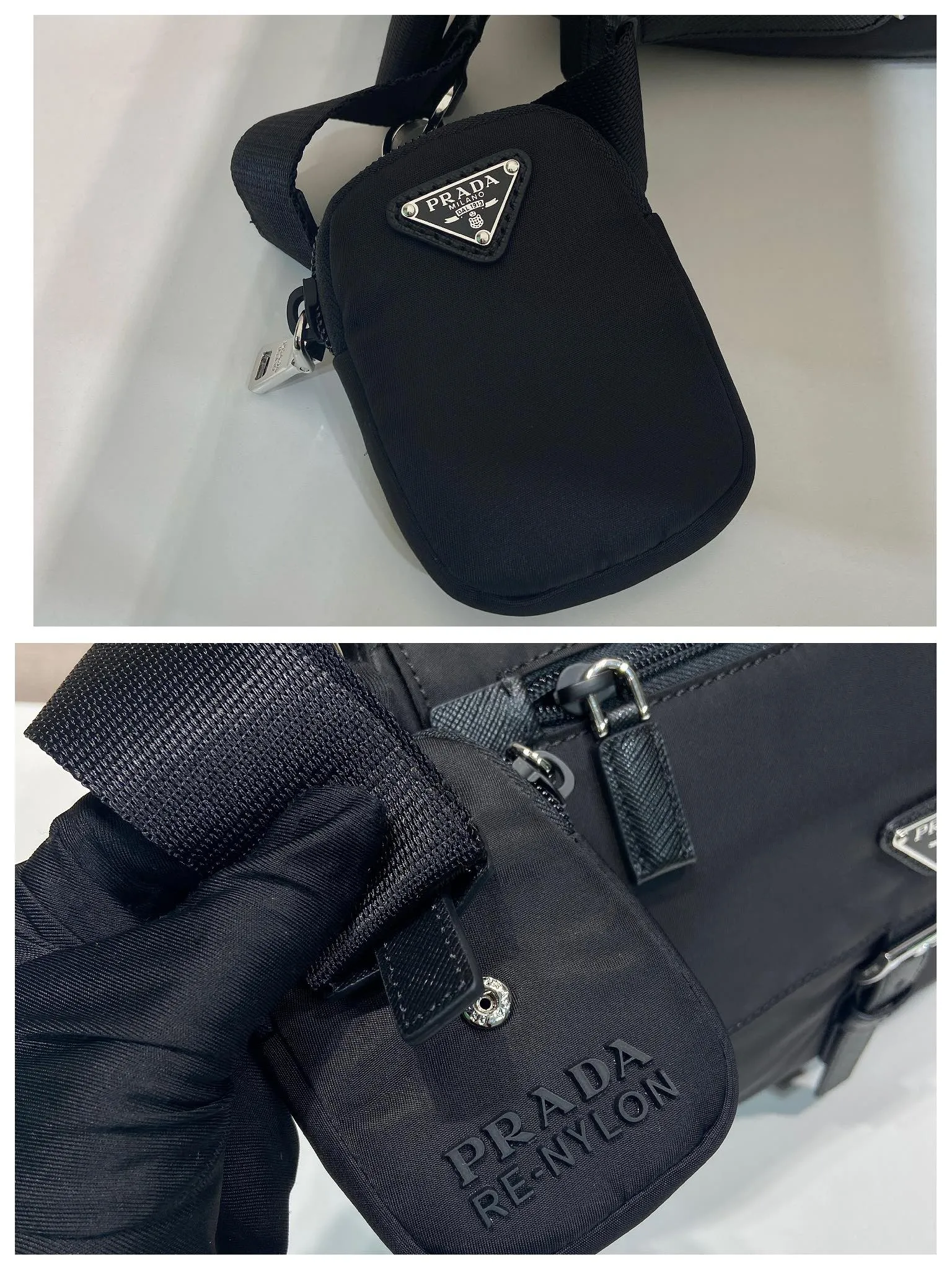 💰1120🎉Upgrade board🎉1BD994 small bag🎉🎉 This one is made of imported nylon material and Saffiano leather piping, adjustable fabric shoulder straps, stainless steel accessories, and the upgraded version is designed with square buckle hardware on both sides of the shoulder straps. Equipped with a detachable eco-label pouch, triangular enamel logo nameplate, zipper and buckle closure, two outer pockets, one of which is a flip zipper bag, two inner pockets, 165 OEM code, lightweight and practical👏🏻👏🏻Unisex style🙊🙊 Length 25 height 22 bottom 10cm🤙🤙🤙💰💰💰💰