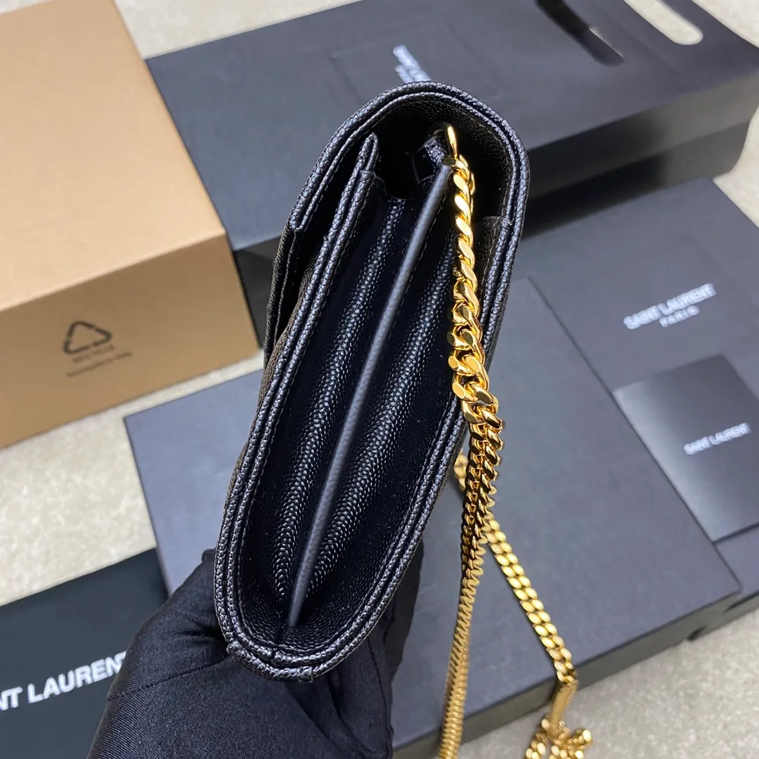 💰1300 black ball pattern/gold buckle 🌈YSL latest ENVELOPE Woc envelope bag ✉️Original caviar ball pattern, engraved inner zipper compartment, can be used as a clutch bag or as a shoulder bag. There are multiple card slots inside. Compact and practical 👍20220650 Model: 620280 [original leather] Size: 22.5x14x4cm