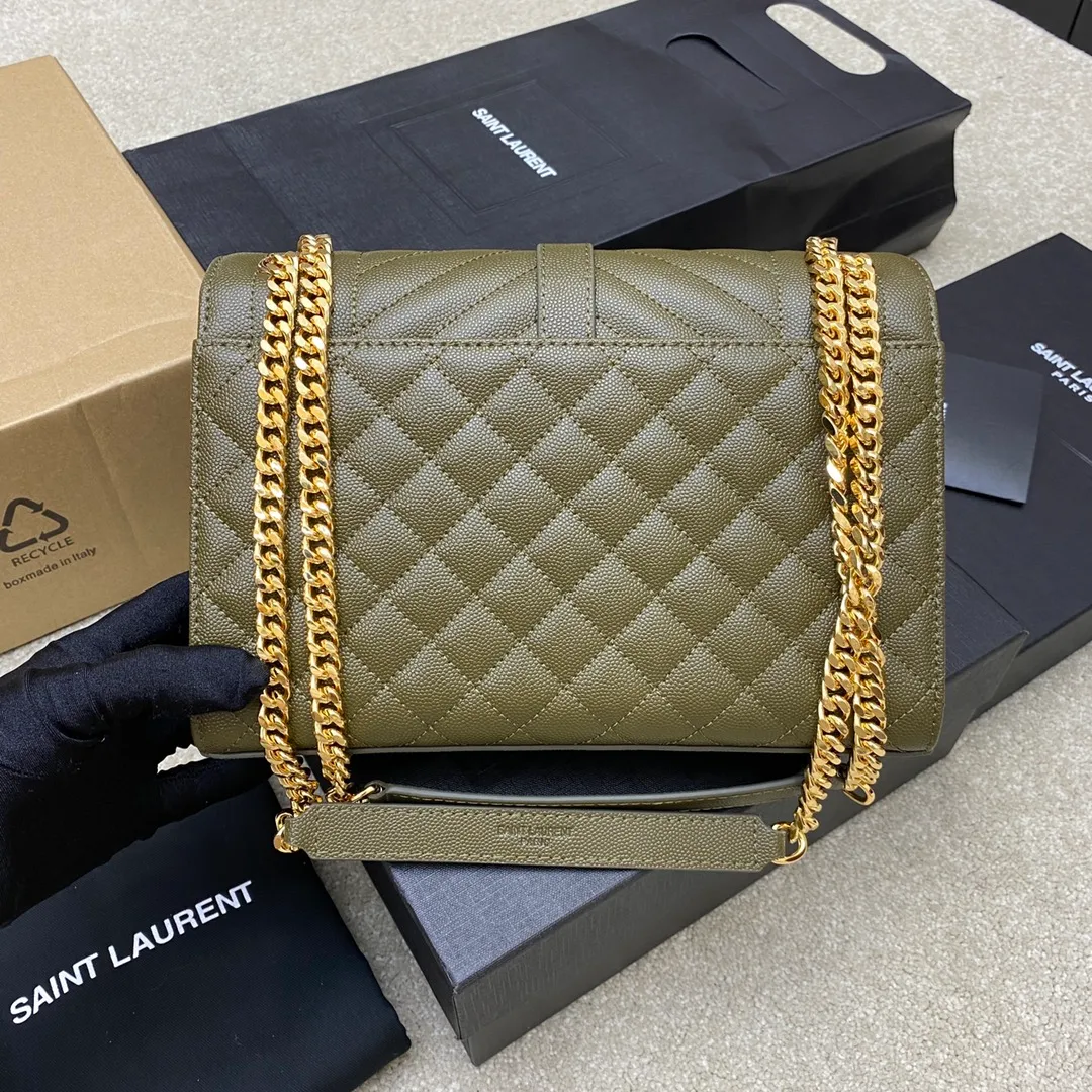 Olive green ball pattern/gold buckle 🌈YSL's new classic plaid messenger bag, flap handbag, equipped with metal YSL logo, metal chain, leather chain leather shoulder strap and horizontal and vertical jacquard embossed stitching decoration, fashionable, casual and practical 👍20220750 Model: 392739 [original leather] Size: 24x17.5x6cm