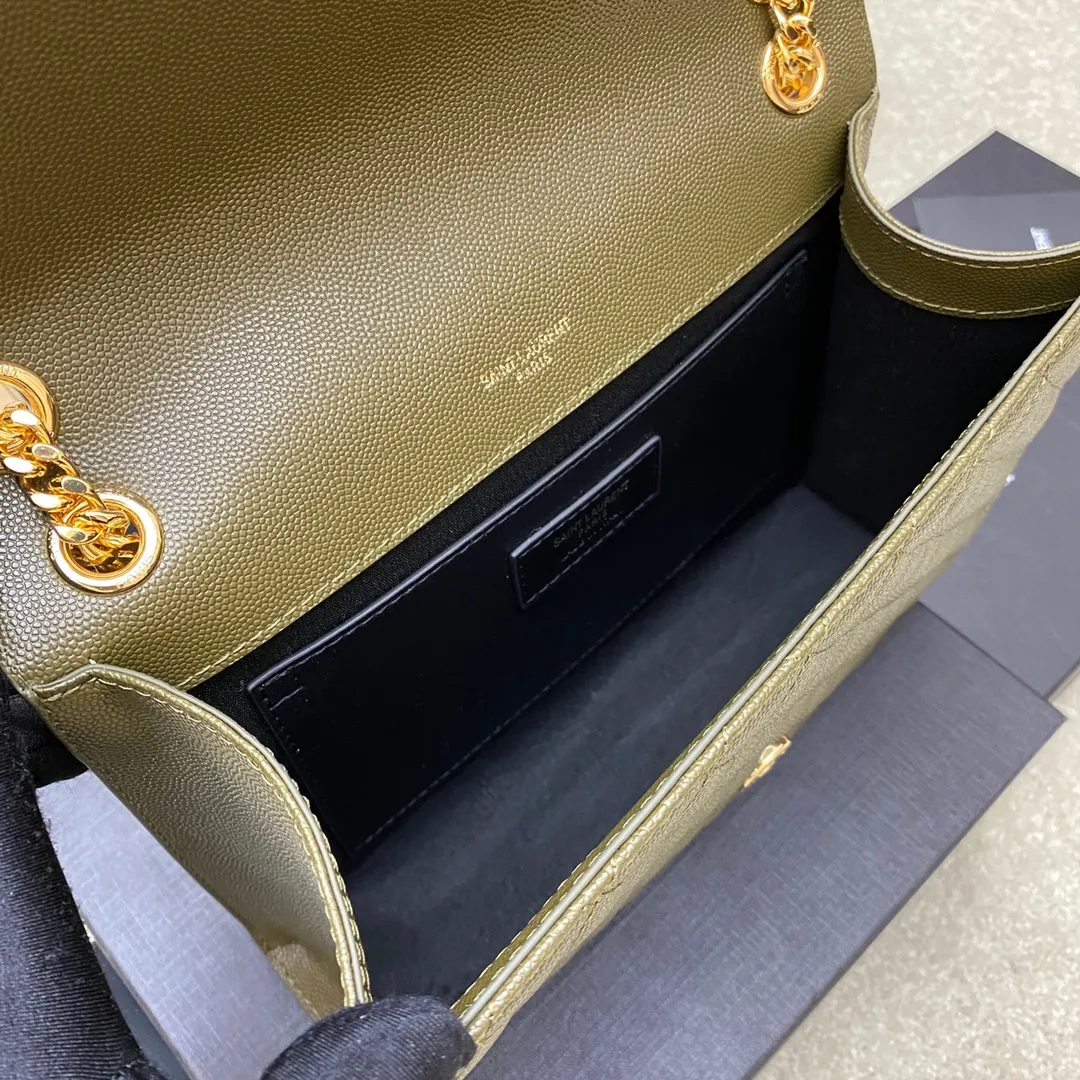Olive green ball pattern/gold buckle 🌈YSL's new classic plaid messenger bag, flap handbag, equipped with metal YSL logo, metal chain, leather chain leather shoulder strap and horizontal and vertical jacquard embossed stitching decoration, fashionable, casual and practical 👍20220750 Model: 392739 [original leather] Size: 24x17.5x6cm
