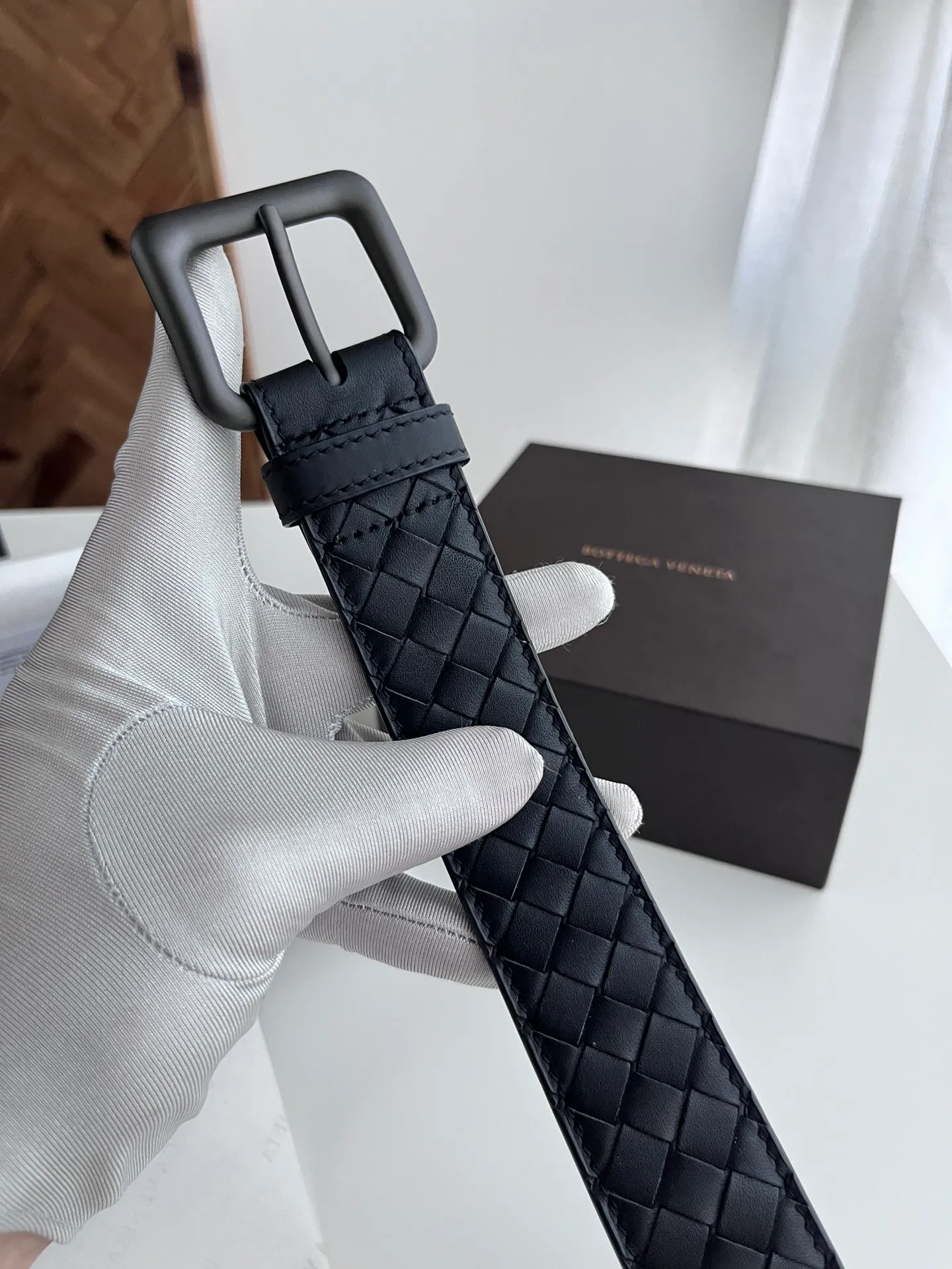 💰480💰Full package💰 💍Purchase level Bottega Veneta BV new men's woven belt intreccio Italian matte calfskin pure handmade small grid weaving with frosted gun color buckle width 3.5CM