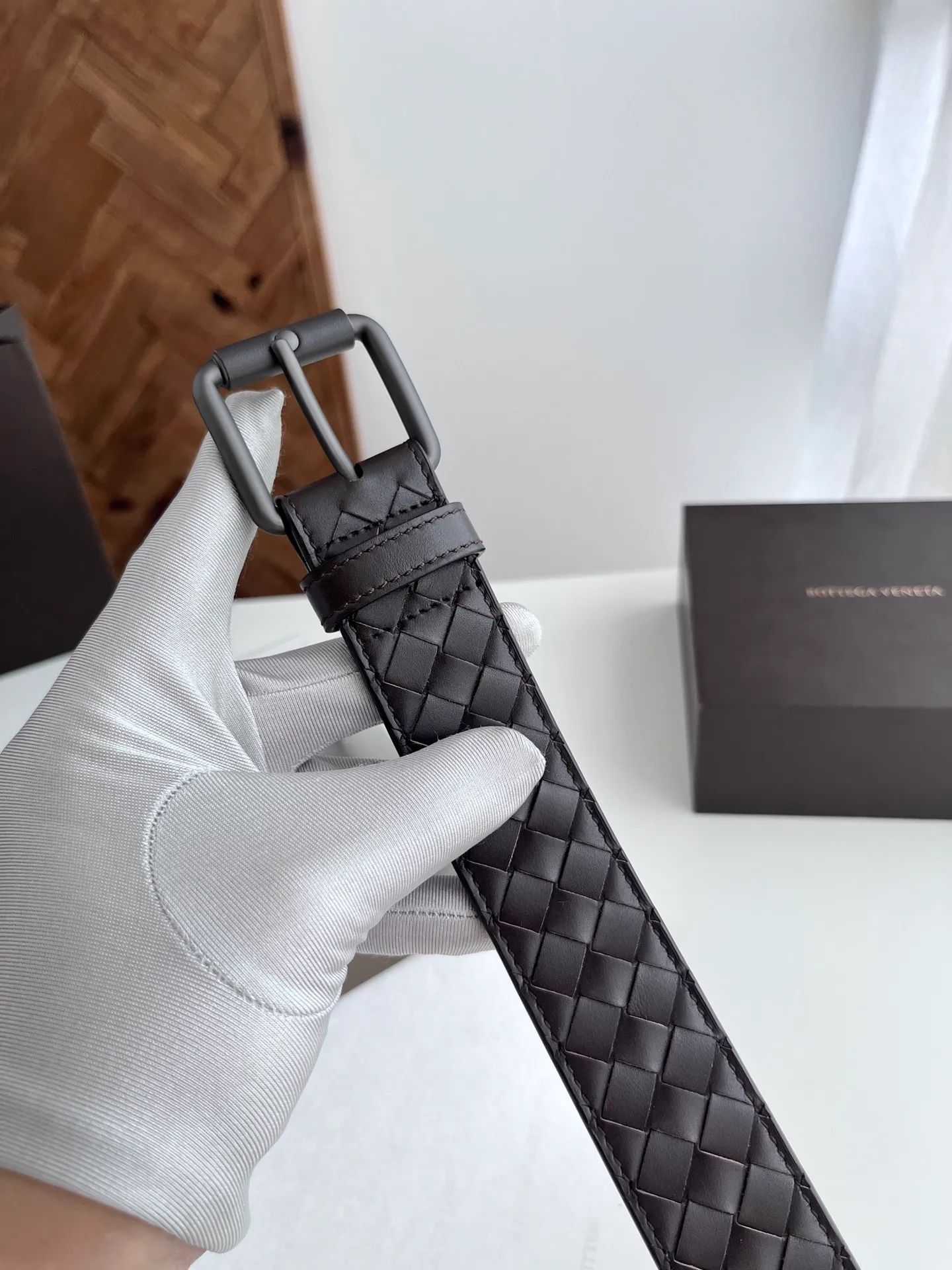 💰520💰Full set of packaging💰 💍Purchase level bv new men's woven belt intreccio Italian matte calfskin pure handmade small plaid weaving with matte gun color leather-wrapped nail buckle width 3.5CM