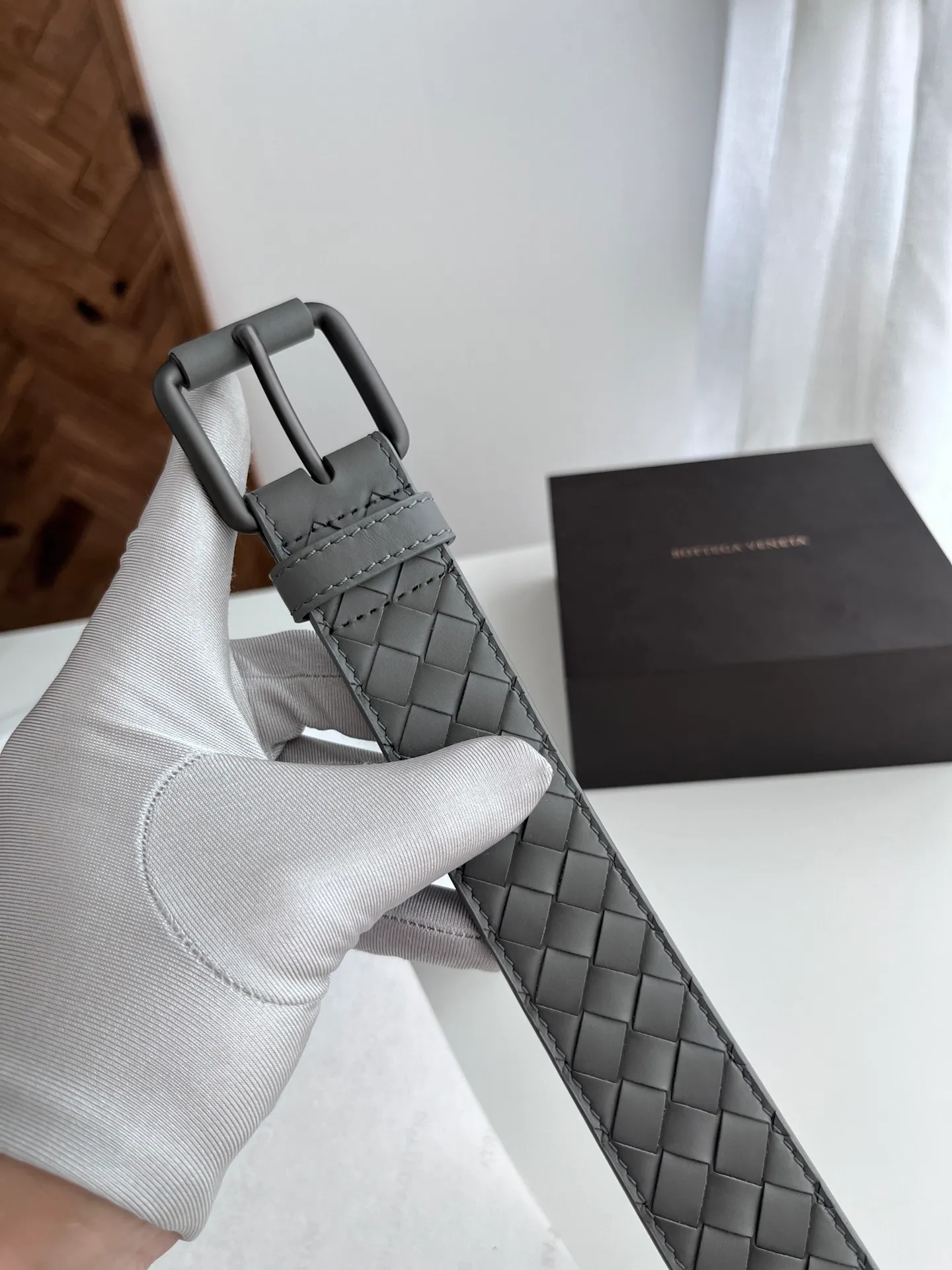 💰520💰Full set of packaging💰 💍Purchase level bv new men's woven belt intreccio Italian matte calfskin pure handmade small plaid weaving with matte gun color leather-wrapped nail buckle width 3.5CM