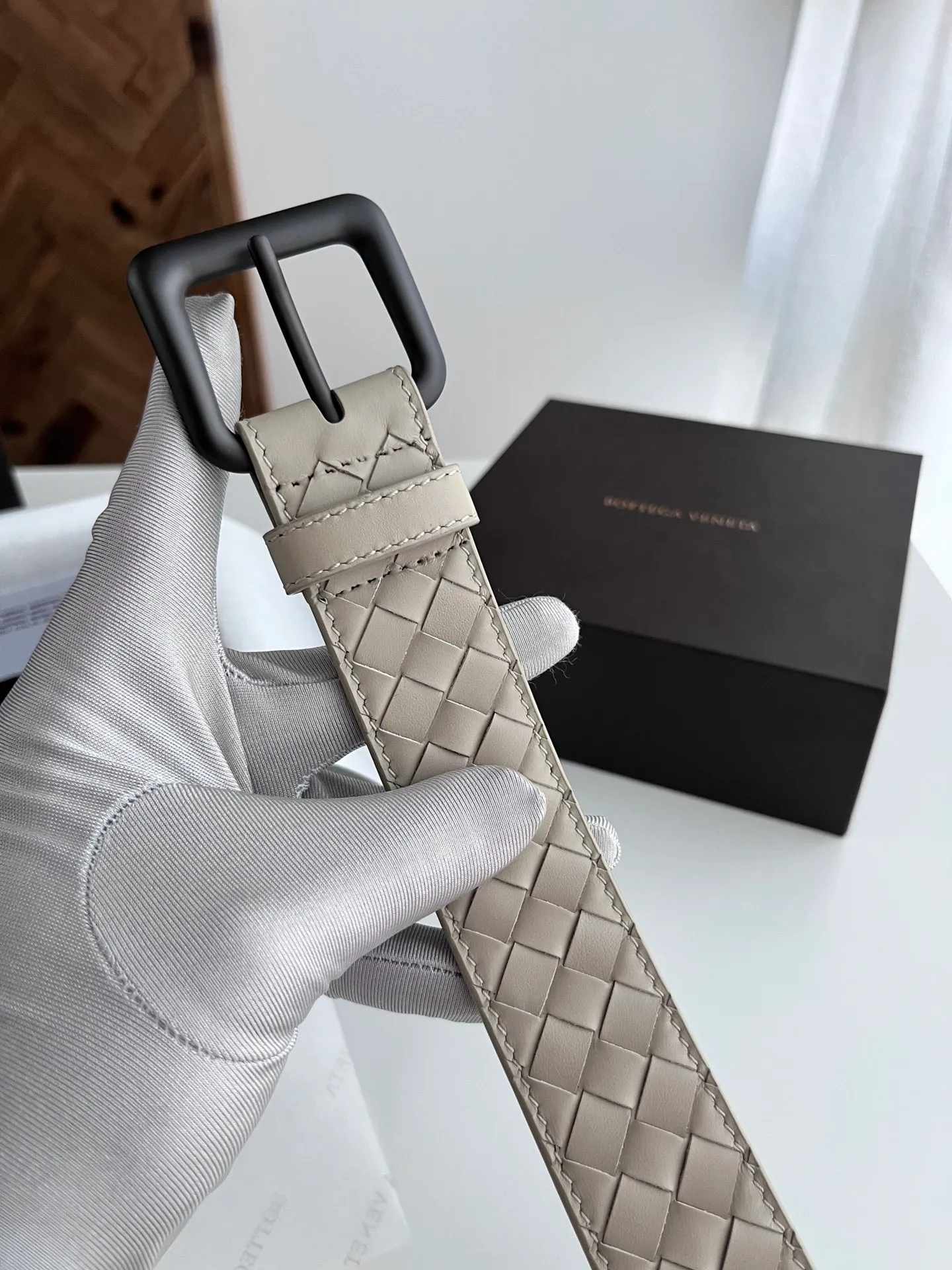 💰480💰Full package💰 💍Purchase level Bottega Veneta BV new men's woven belt intreccio Italian matte calfskin pure handmade small grid weaving with frosted gun color buckle width 3.5CM