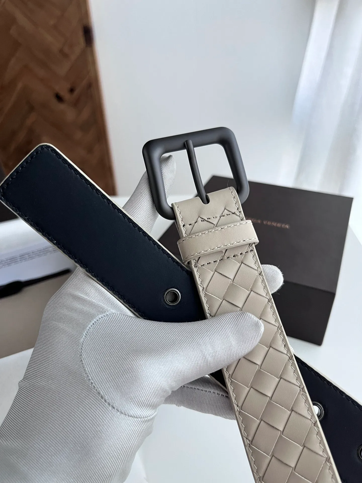 💰480💰Full package💰 💍Purchase level Bottega Veneta BV new men's woven belt intreccio Italian matte calfskin pure handmade small grid weaving with frosted gun color buckle width 3.5CM