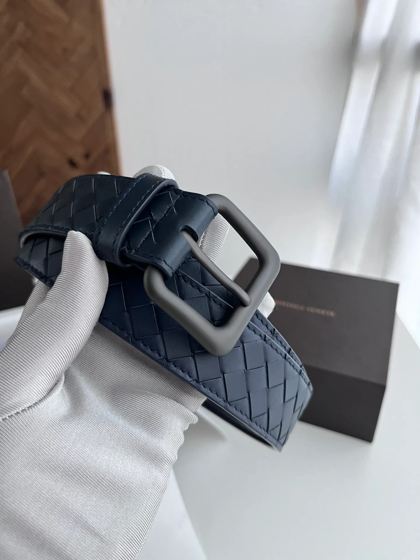 💰480💰Full package💰 💍Purchase level Bottega Veneta BV new men's woven belt intreccio Italian matte calfskin pure handmade small grid weaving with frosted gun color buckle width 3.5CM
