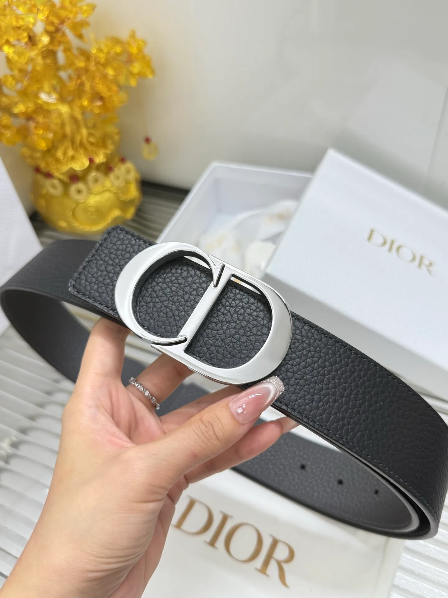 ✅Width: 𝟰.𝟬𝗰𝗺 ❑ Dior Reversible Lychee Black + Gray Original Imported Calfskin + Premium Pure Steel Hardware Buckle P440