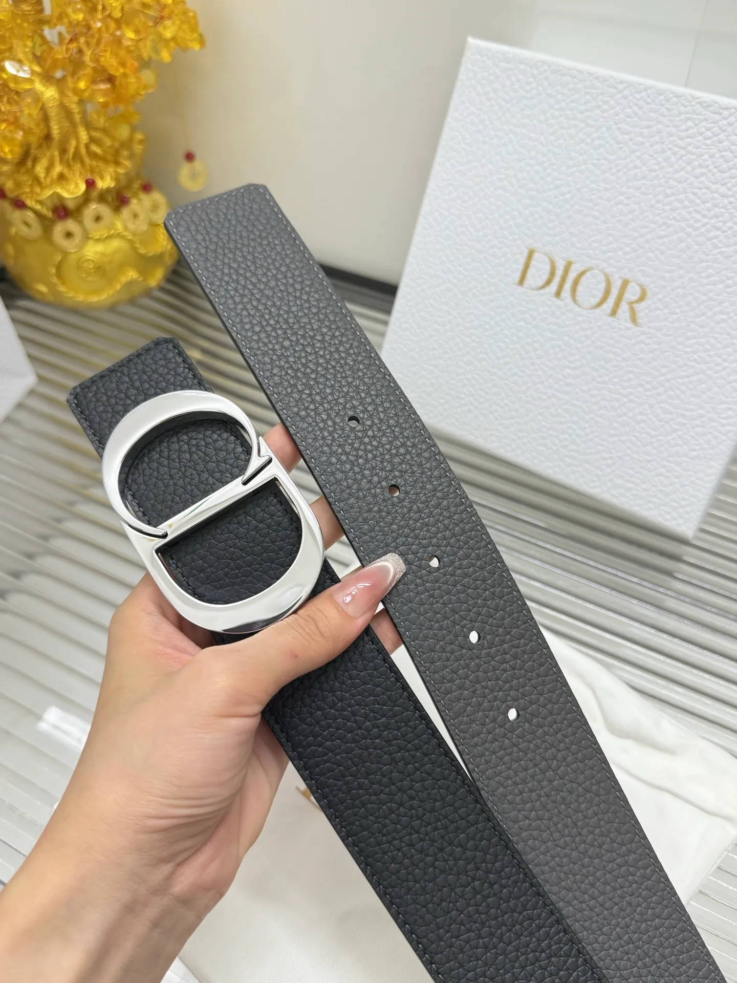 ✅Width: 𝟰.𝟬𝗰𝗺 ❑ Dior Reversible Lychee Black + Gray Original Imported Calfskin + Premium Pure Steel Hardware Buckle P440