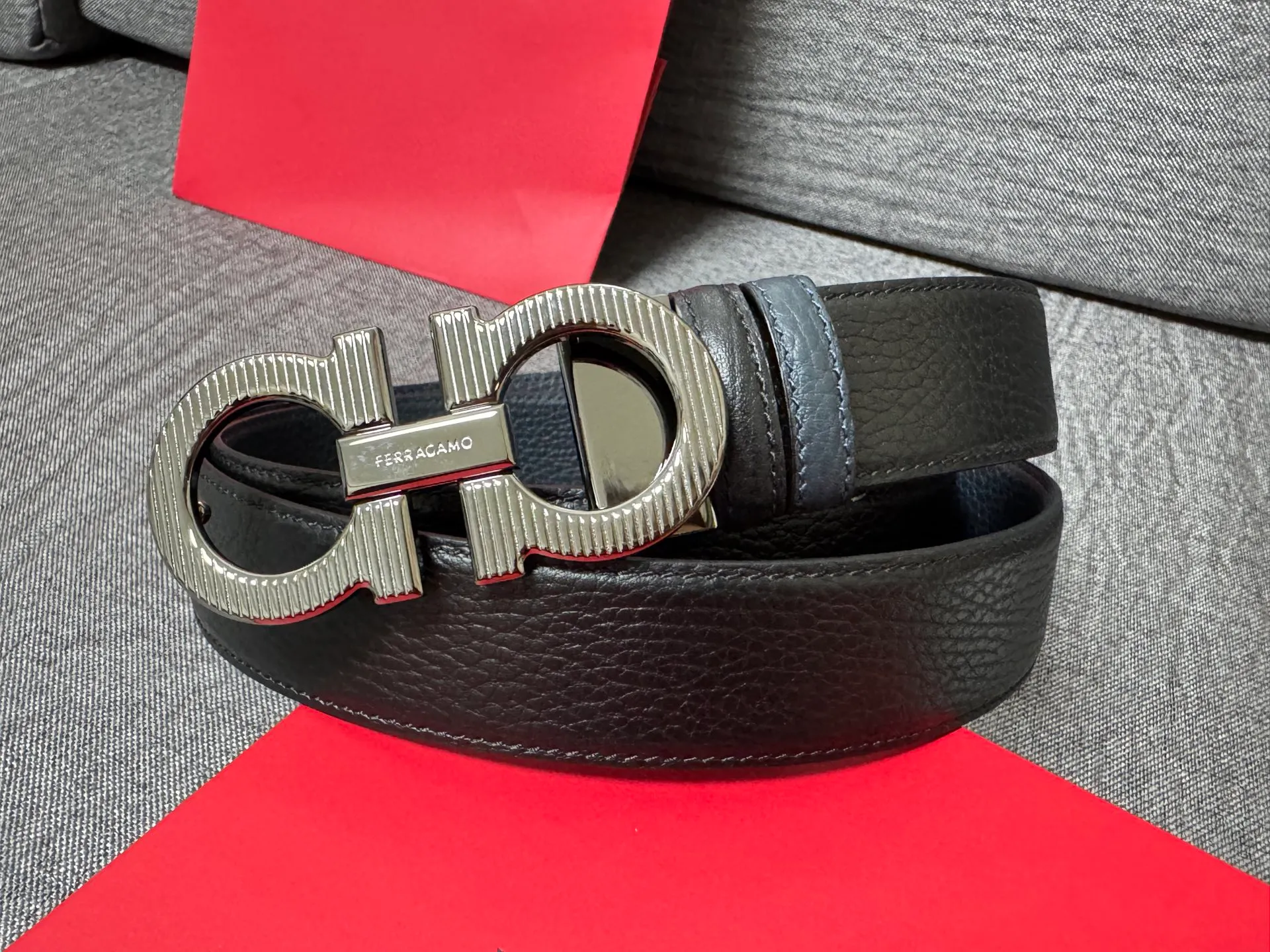 💰440💰Full set of packaging💰 💍Purchase level collection of good things—Salvatore Ferragamo men’s 3.5cm exquisite counter new style striped new logo double circle horseshoe metal buckle, first-layer cowhide double-sided versatile and atmospheric item