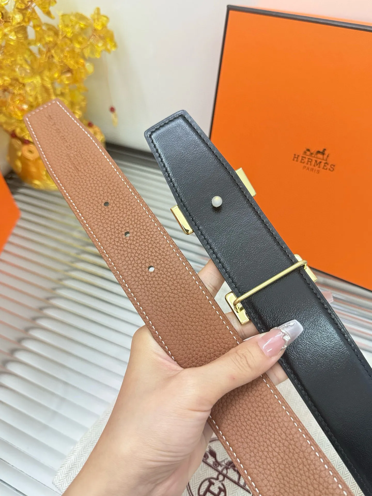 ✅Width: 𝟯.𝟴𝗰𝗺 ❑ Hermès can be used on both sides, genuine quality template, original imported 𝐓𝐎𝐆𝐎 calfskin + fine pure steel hardware buckle P480