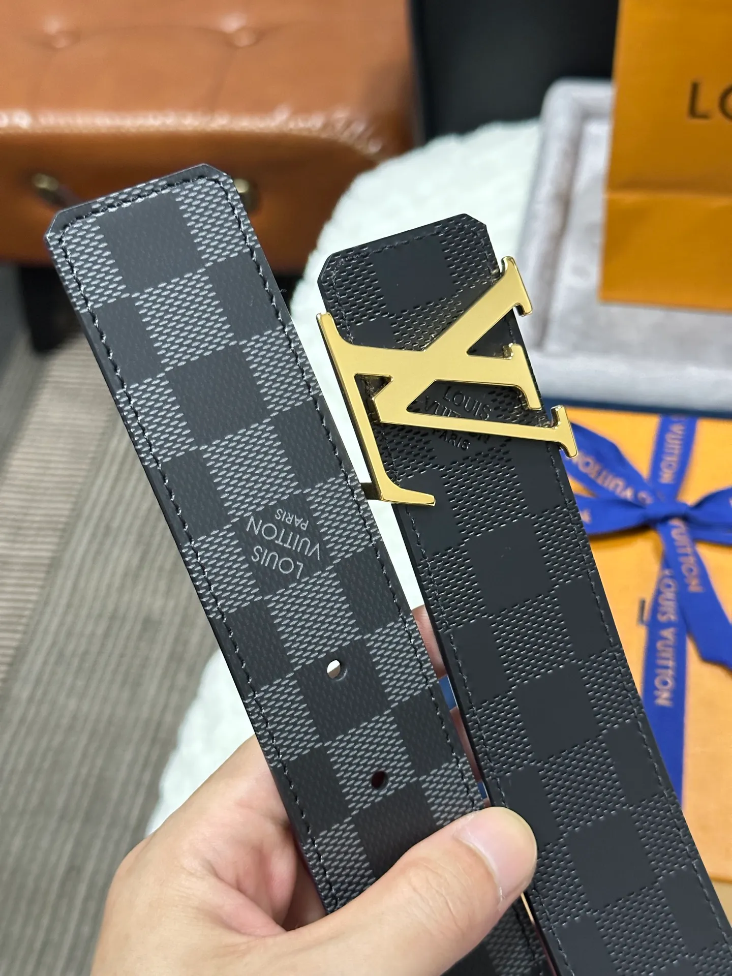 💰480💰Full set of packaging💰 💍Purchasing-grade LV Louis Vuitton M0107, double-sided, screen-printed checkerboard, width 4.0cm, high-quality LV buckle