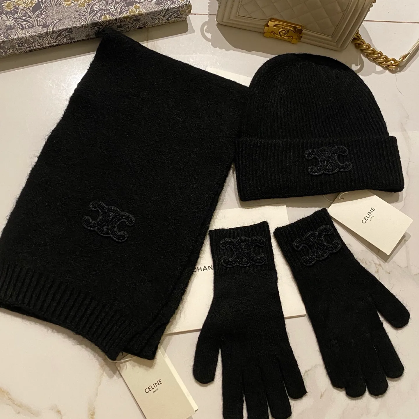 Celine suit cashmere knitted hat + scarf + gloves