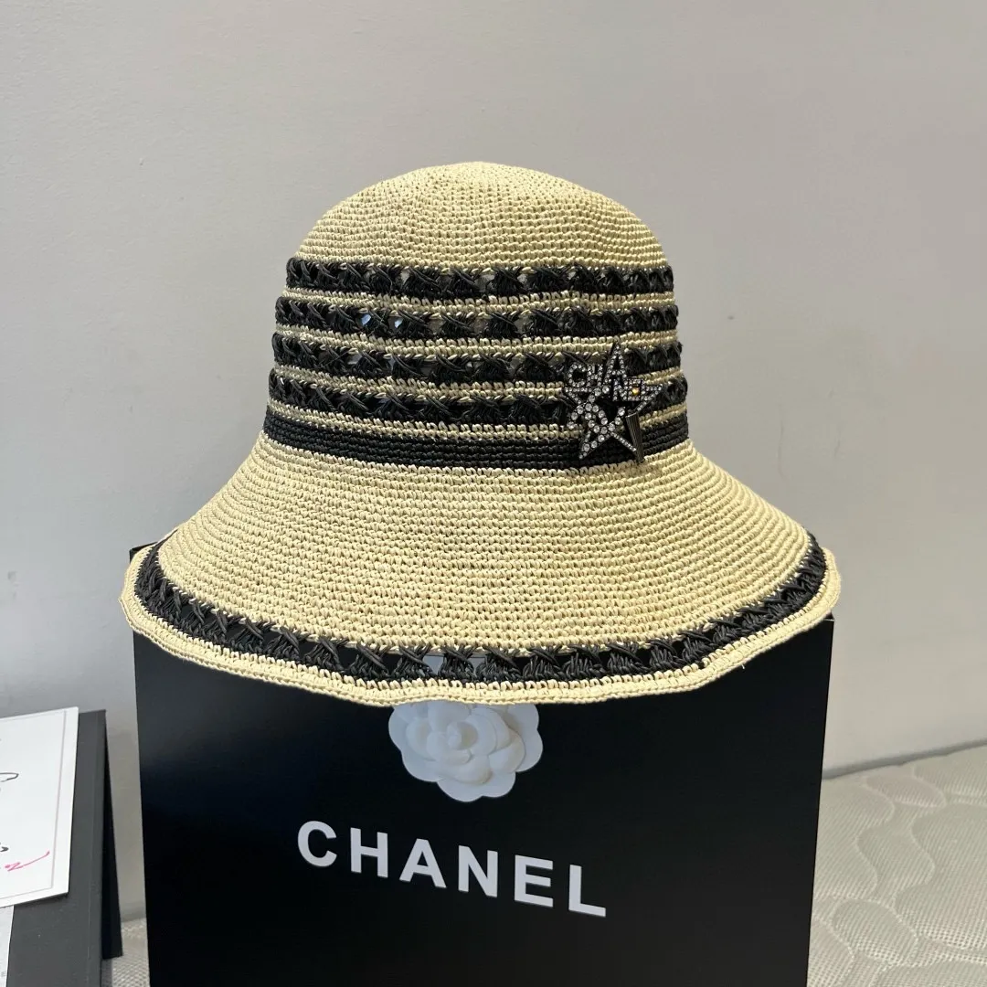 💰160¥ Chanel basin hat, handmade crocheted raffia hat, head circumference 57cm foldable