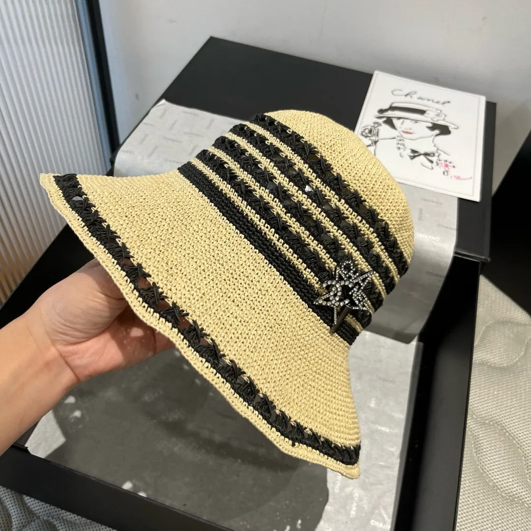 💰160¥ Chanel basin hat, handmade crocheted raffia hat, head circumference 57cm foldable