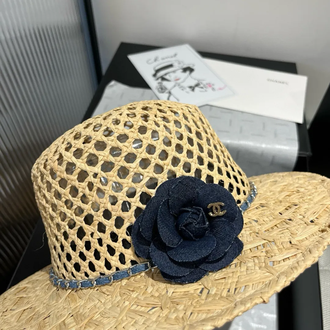 💰200¥ Chanel raffia hat, advanced customization, with camellia flowers, head circumference 57cm
