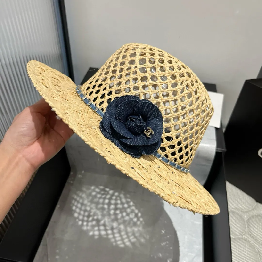 💰200¥ Chanel raffia hat, advanced customization, with camellia flowers, head circumference 57cm