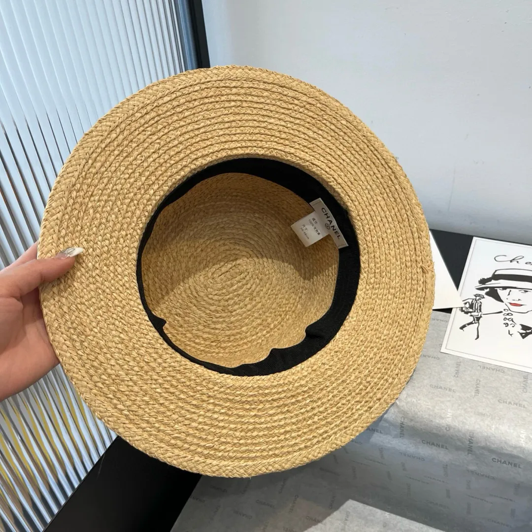 💰180¥ Chanel raffia flat top hat, customized high-end linen yarn, head circumference 57cm