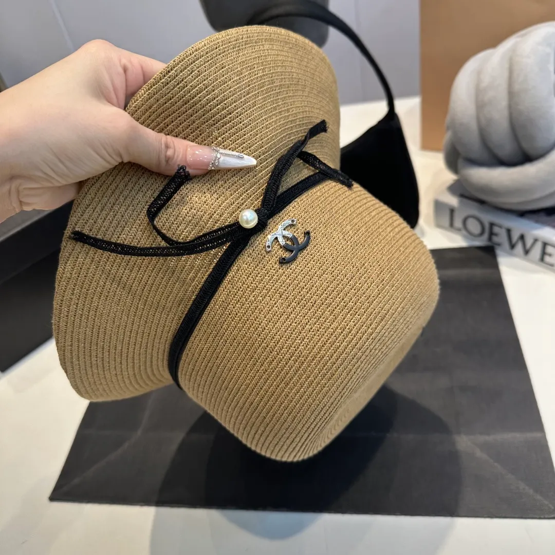 P100 Chanel straw hat, bow hat, lady style PP straw hat, head circumference 57cm