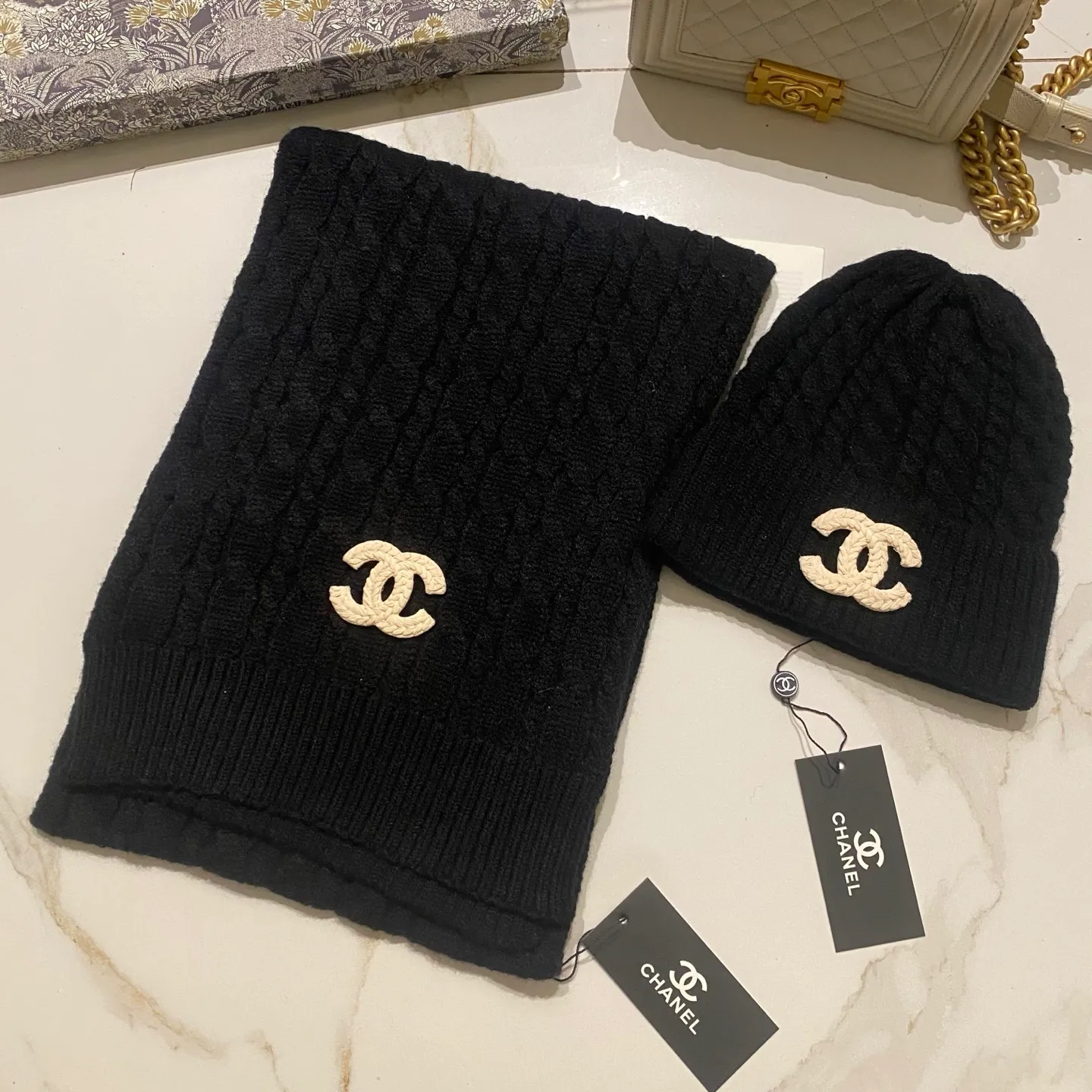 Chanel cashmere suit hat + scarf